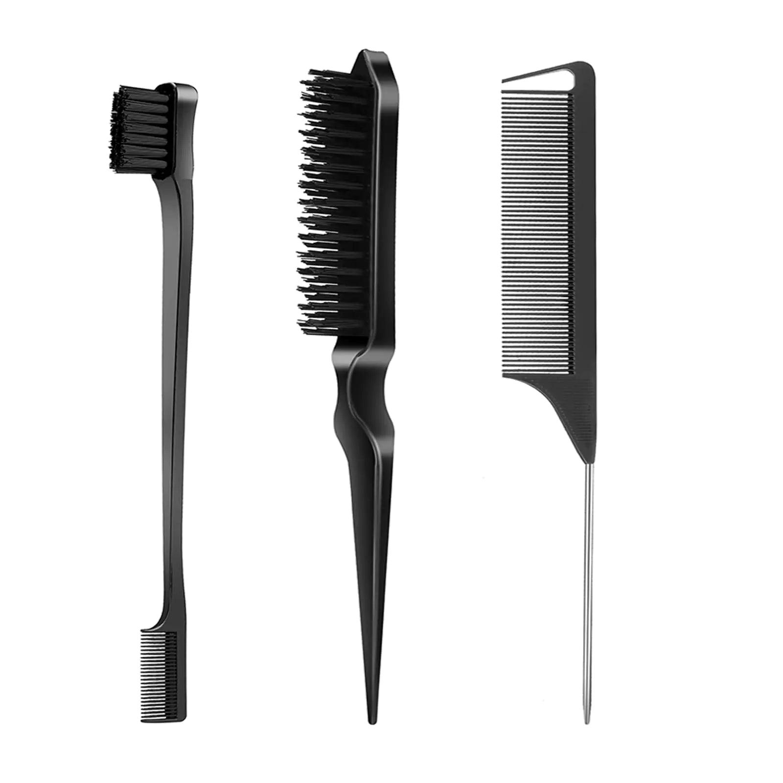 3 Pcs Slick Back Grooming Set - Edge Brush, Bristle Brush, Rat Tail Comb & Teasing Brush for Smoothing Hair & Flyaways - Black - Evallys.com # #