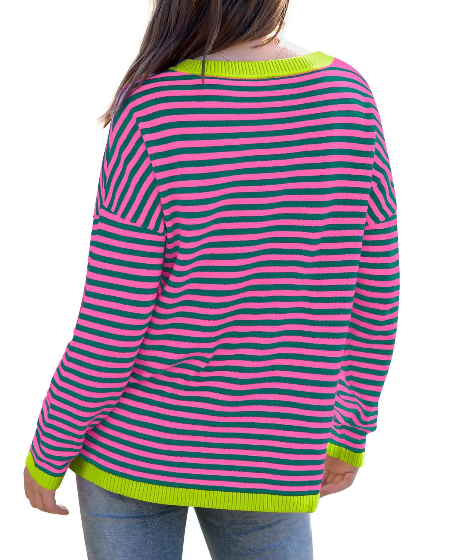 WIHOLL Womens Sweaters Dressy Casual Long Sleeve Tops Round Neck Striped Fashion Large Pink Green Striped With Grass - Evallys.com # #