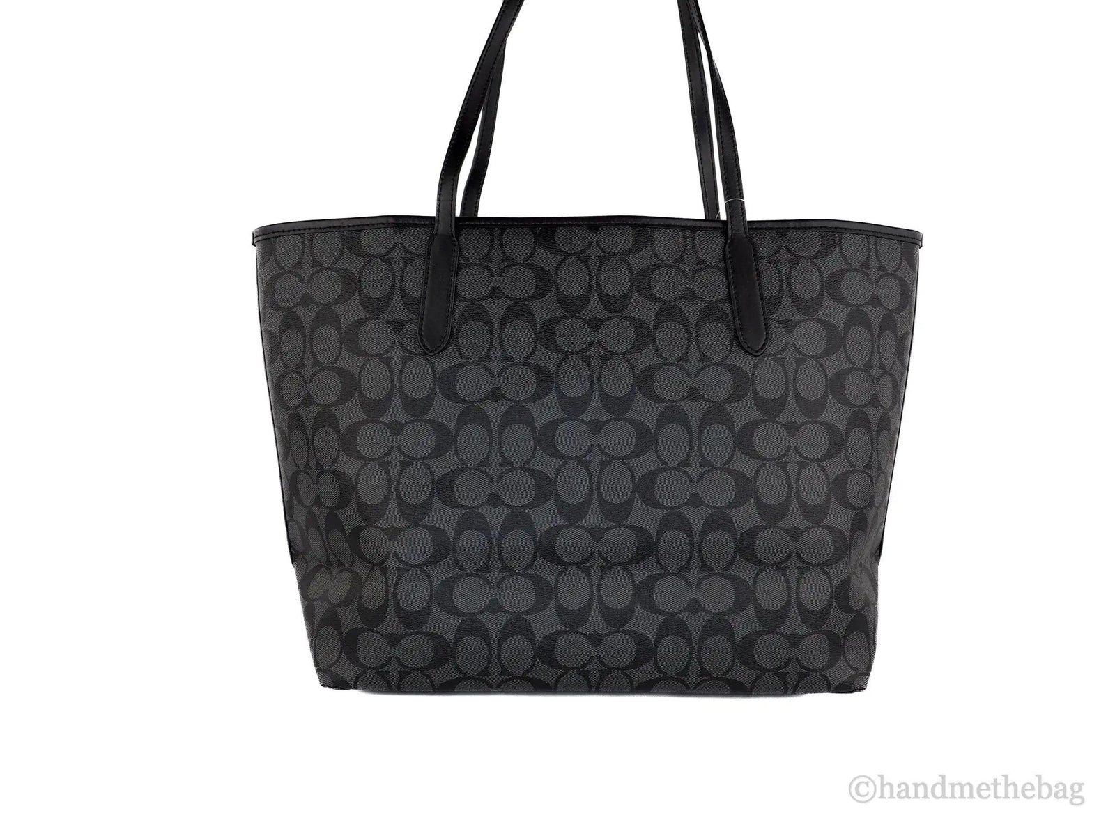 Coach (5696) Graphite Black Signature Coated Canvas City Tote Shoulder Handbag - Evallys.com # #