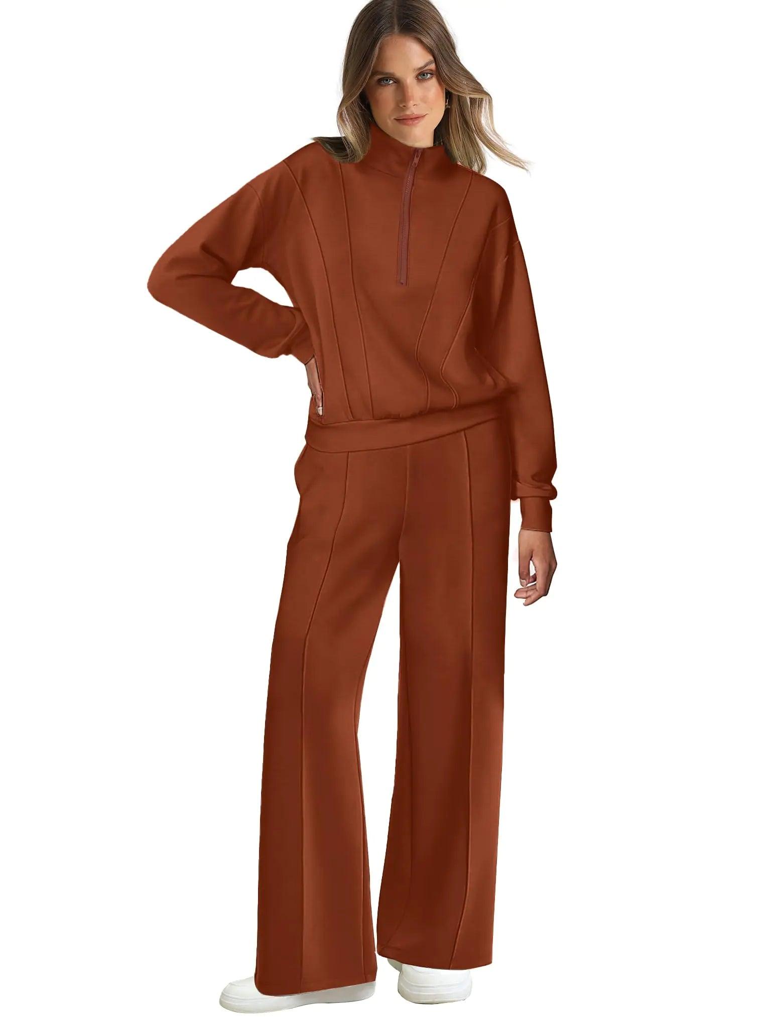 WIHOLL Womens 2 Piece Outfits Lounge Sets 2024 Half Zip Sweatshirt and Wide Leg Sweatpant with Pocket Fall Fashion Tracksuit Caramel Medium - Evallys.com # #