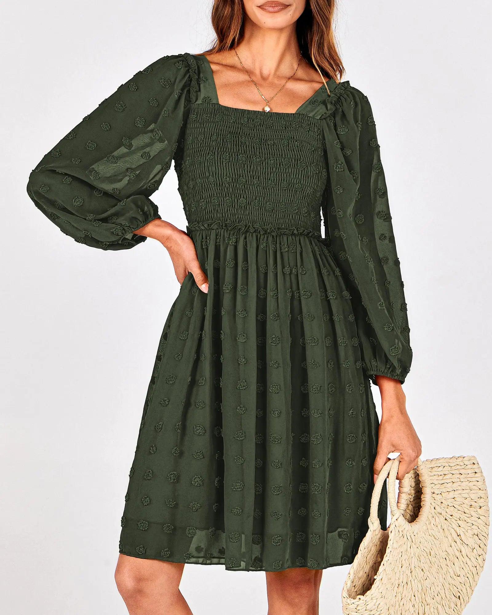 BTFBM Women Square Neck Smocked Dresses 2024 Summer Fall Long Sleeve Floral Swiss Dot Ruffle Party Mini Boho Dress Swiss Dot Army Green Small - Evallys.com # #