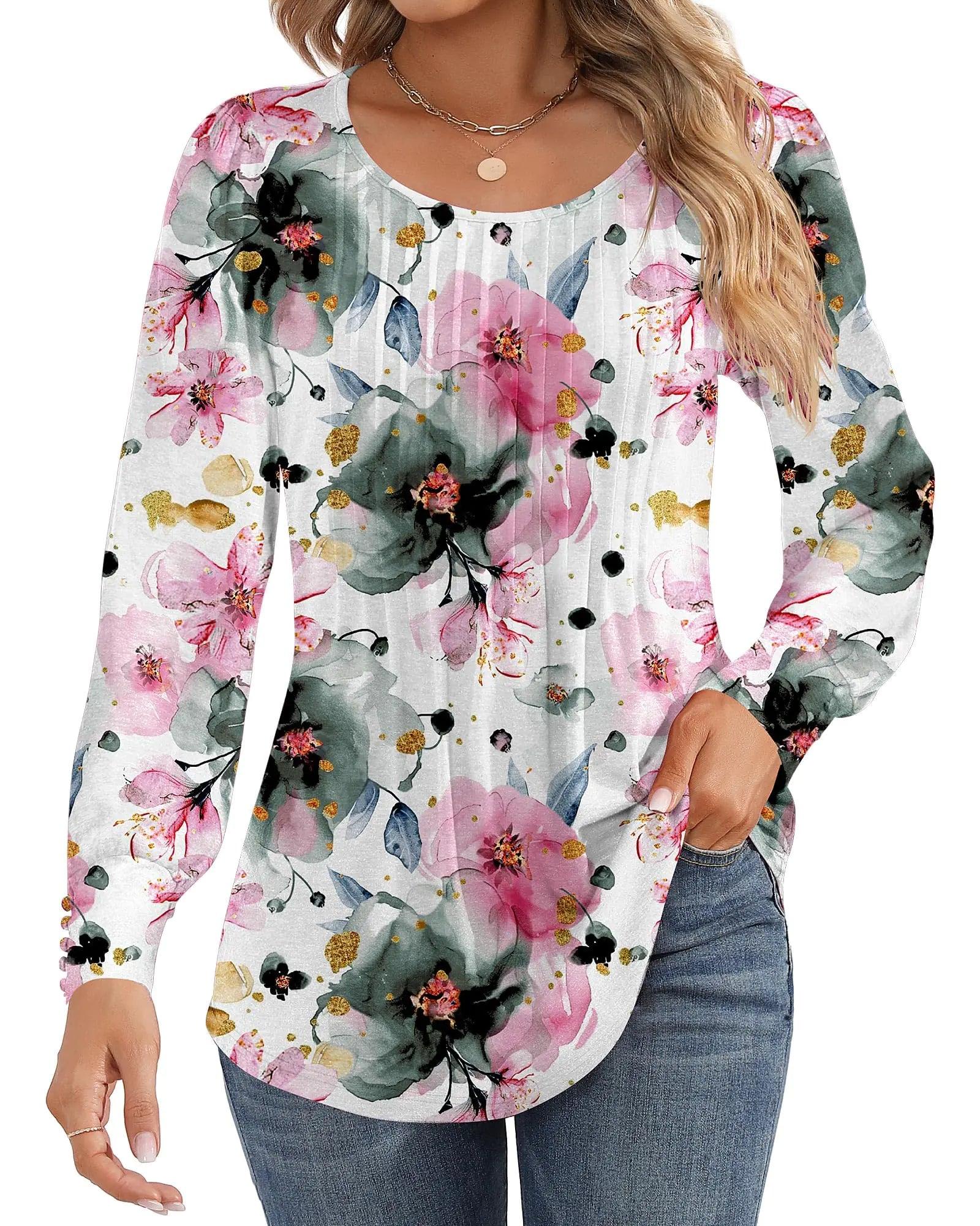 Ficerd Women's Puff Long Sleeve Tunic Tops Pleated Crew Neck Blouses Dressy Casual Loose Fit Fall and Winter Shirts Pink Floral Large - Evallys.com