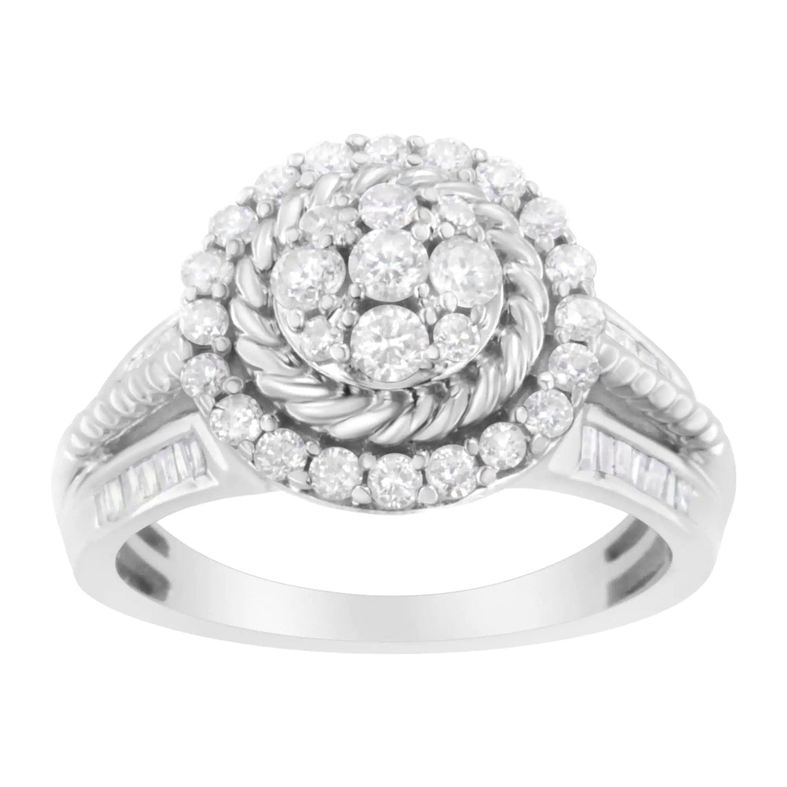 .925 Sterling Silver 1 cttw Baguette and Round-Cut Diamond Halo and Lariat Cocktail Floral Ring (H-I Color, I2-I3 Clarity) - Evallys.com # #