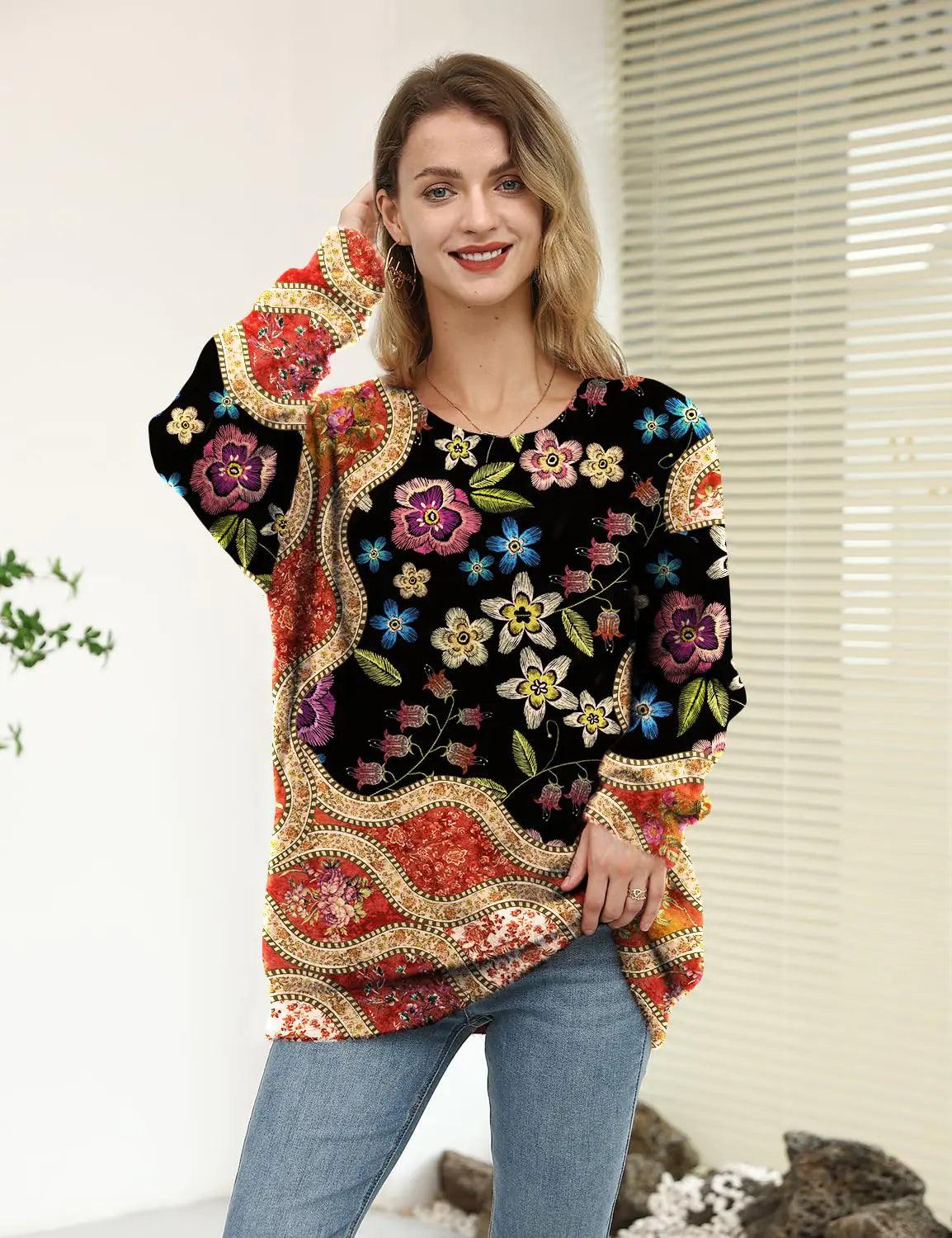 YESNO Women Ugly Christmas Sweater Graphic Printed Oversized Pullover Sweaters Casual Loose Knit Tops S01 XX-Large Floral 174 - Evallys.com # #