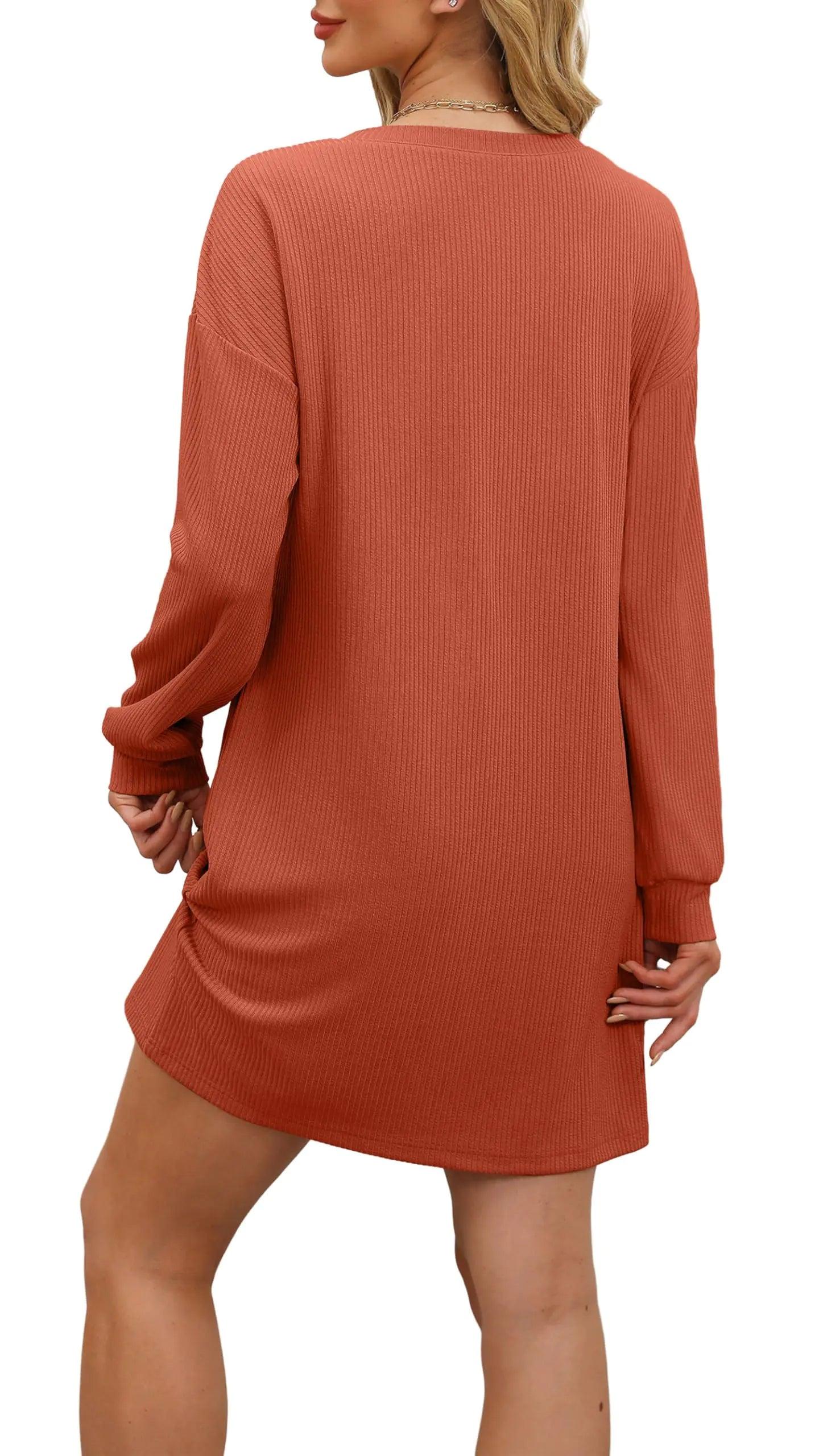 WIHOLL Womens Long Sleeve Dress Loose Fit Casual Crewneck Flowy Mini Dresses with Pockets Fall Fashion 2024 Caramel Large - Evallys.com # #