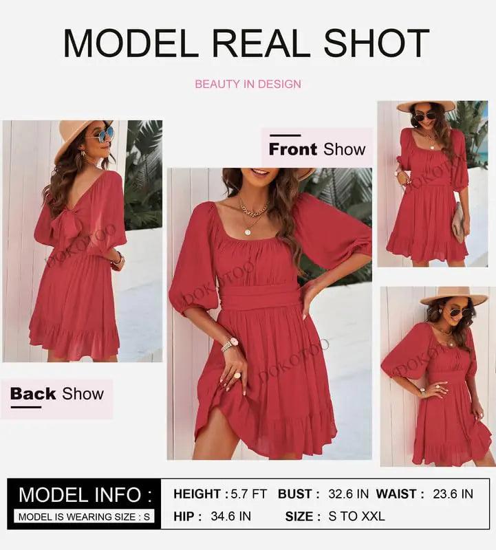 Dokotoo Womens Summer Dresses Square Neck Tie Back Lantern Sleeve Ruffle A-Line Casual Dress XX-Large 4 Red - Evallys.com # #