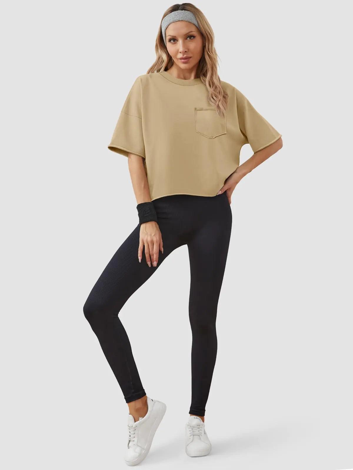 ATHMILE Womens Oversized T-Shirts Short Sleeve Workout Crop Tops Casual Drop Shoulder Boxy Roll Hem Basic Loose Tees Medium Lightkhaki - Evallys.com # #