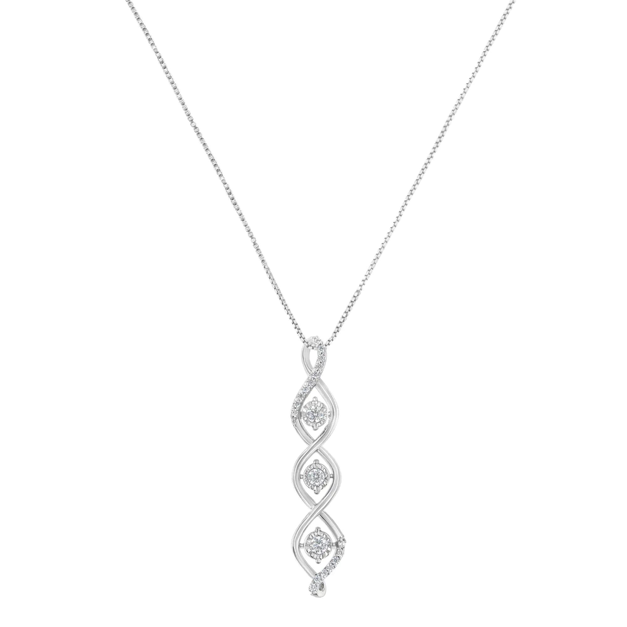 10K White Gold 1/2 cttw 3 Stone Diamond Drop Twisted Pendant Necklace (I-J, I2-I3) - Evallys.com # #