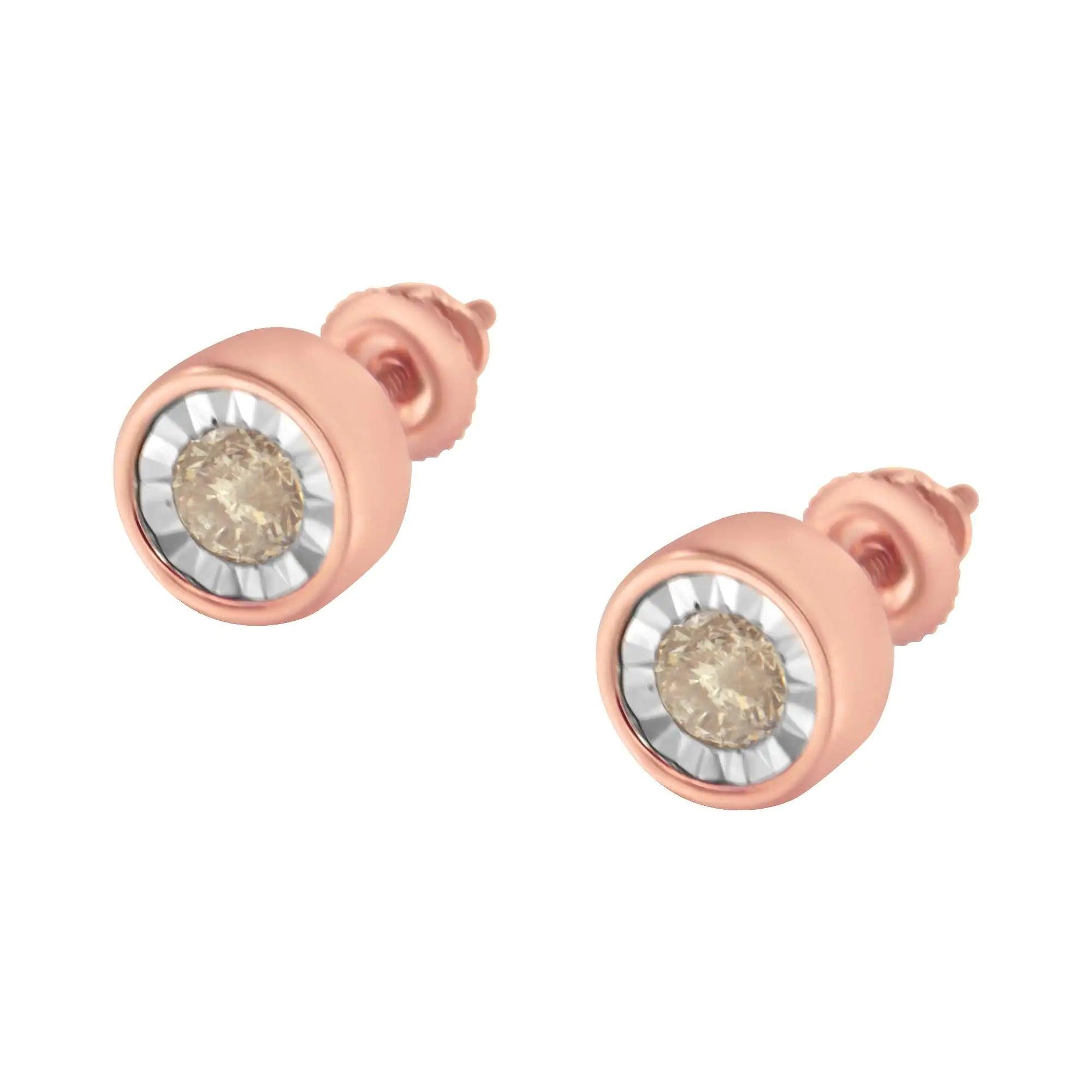 10K Rose Gold 0.40 Cttw Round Brilliant-Cut Near Colorless Diamond Miracle-Set Stud Earrings with Screw Backs (J-K Color, I2-I3 Clarity) - Evallys.com # #