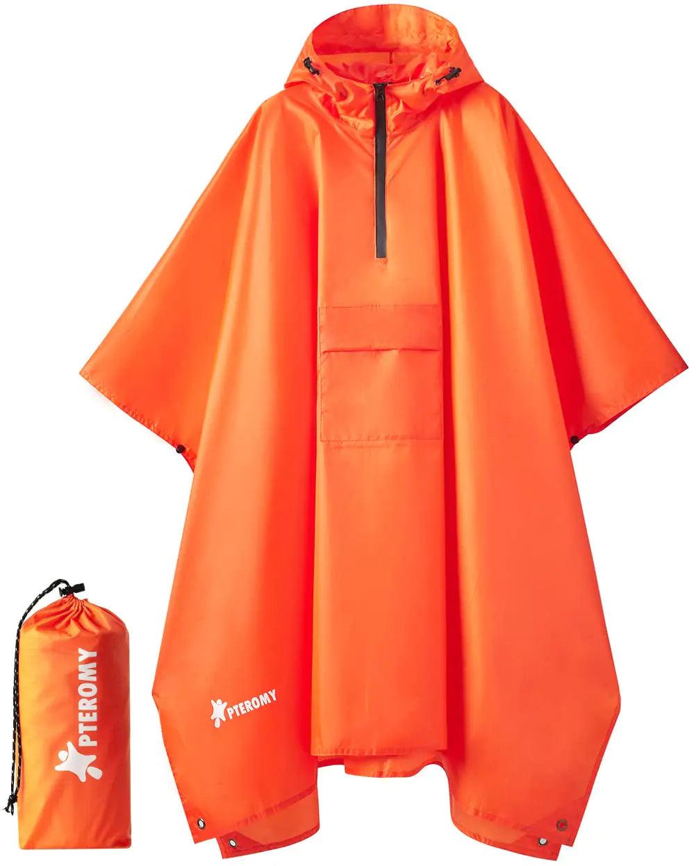 PTEROMY Hooded Rain Poncho for Adult with Pocket, Waterproof Lightweight Unisex Raincoat for Hiking Camping Emergency Orange 1/4 Zipper - Evallys.com # #