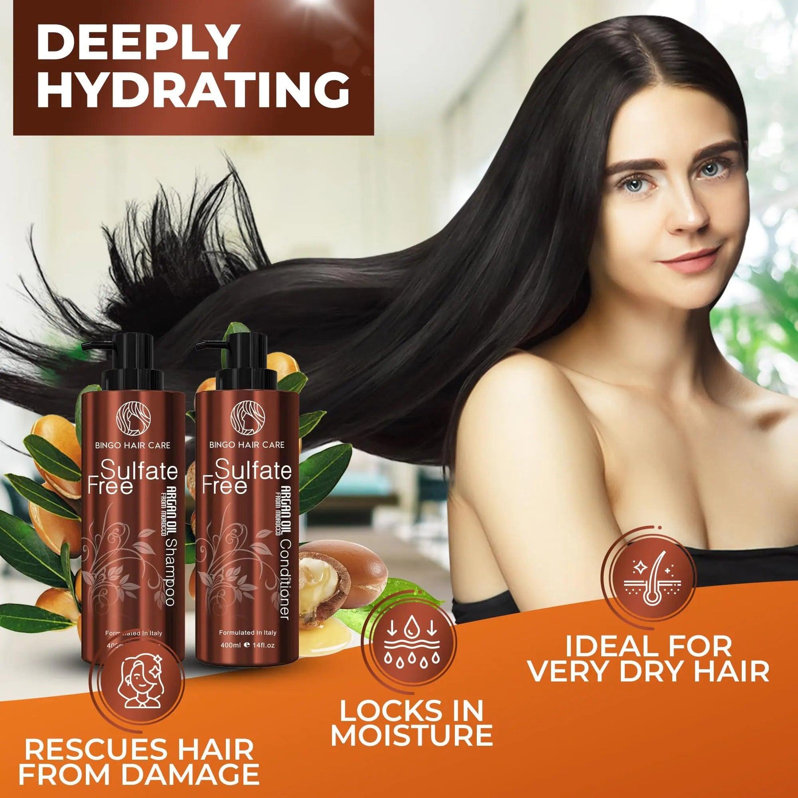 Moroccan Argan Oil Shampoo and Conditioner Set - Sulfate Free, Anti Frizz Hydrating Care for Women - Deep Moisturizing Treatment for Color, Keratin Treated, Curly, Damaged and Dry Hair - Evallys.com # #