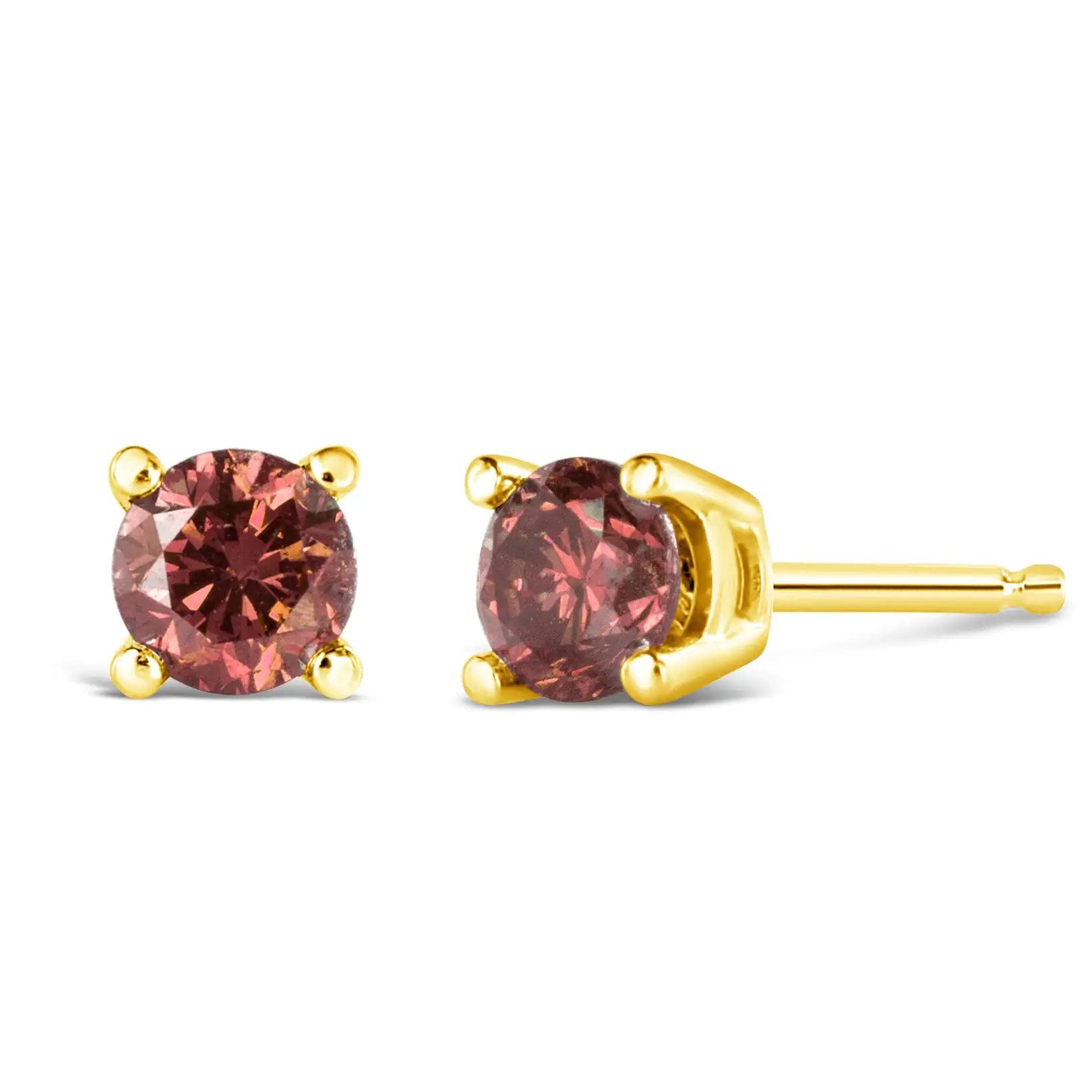 14K Gold 4-Prong Set Round Brilliant-Cut Pink Diamond Solitaire Stud Earrings (Treated Pink Color, VS2-SI1 Clarity) - Evallys.com # #