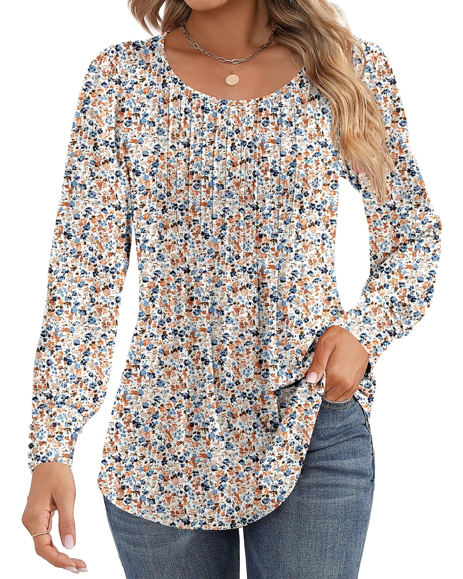 Ficerd Women's Puff Long Sleeve Tunic Tops Pleated Crew Neck Blouses Dressy Casual Loose Fit Fall and Winter Shirts Pink Floral Large - Evallys.com