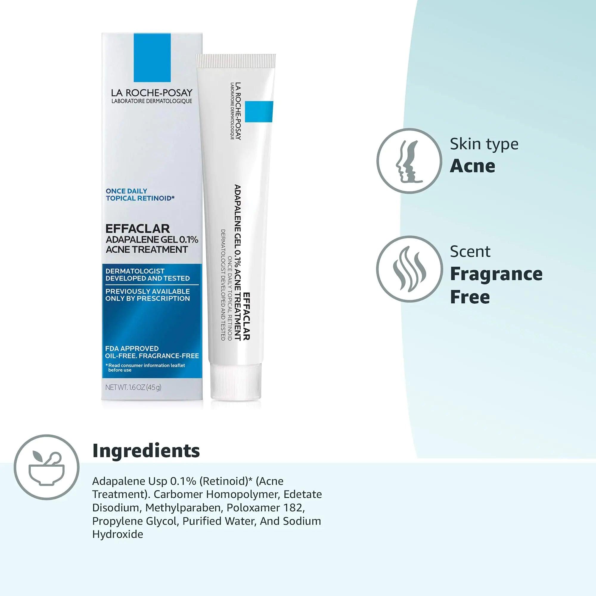 La Roche-Posay Effaclar Adapalene Gel 0.1% Acne Treatment | Retinoid Acne Cream | Acne Medication | Acne Gel For Blackheads & Whiteheads | Oil Free | Helps Clear And Prevent Acne & Clogged Pores - Evallys.com # #