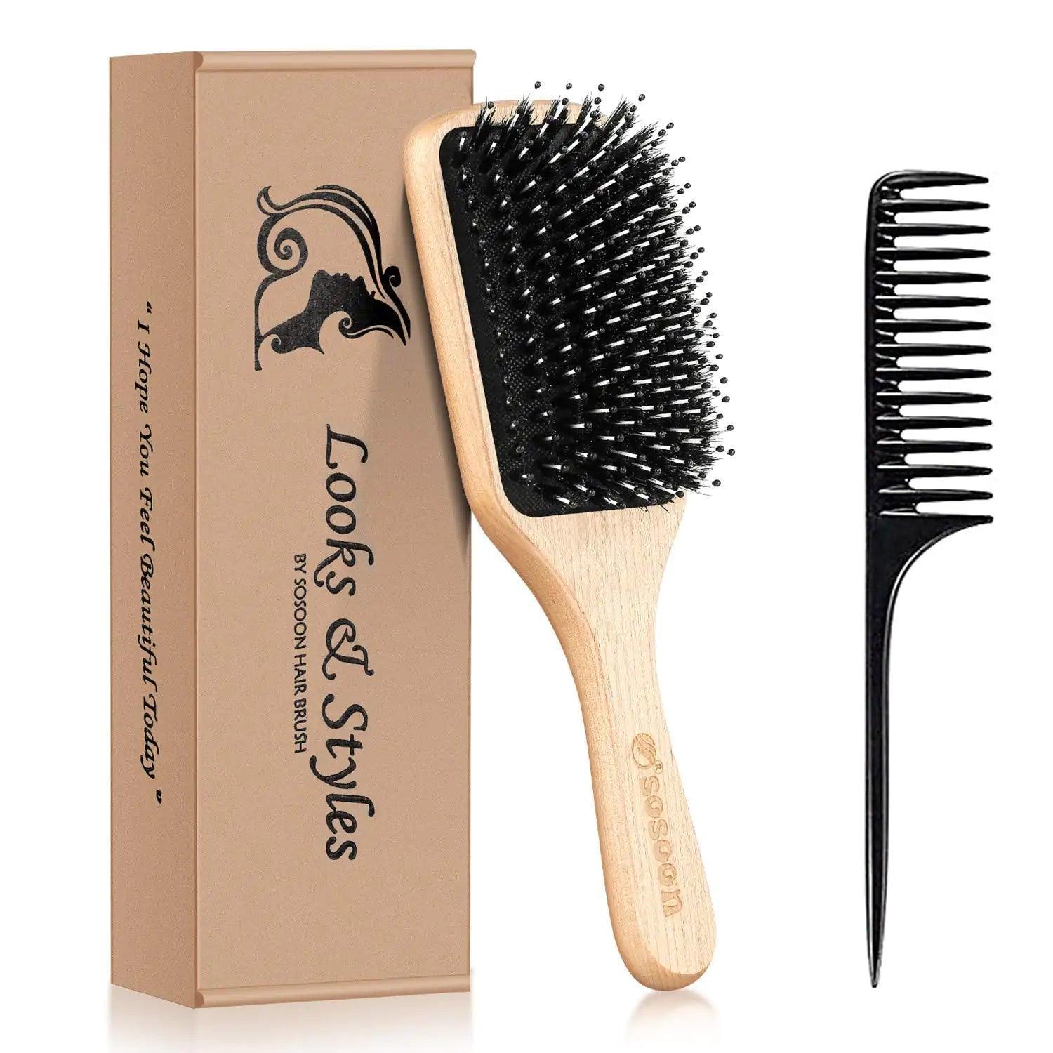 Hair Brush, Sosoon Boar Bristle Paddle Hairbrush for Long Short Thick Thin Curly Straight Wavy Dry Hair for Men Women Kids, No More Tangle, Giftbox & Tail Comb Included - Evallys.com # #