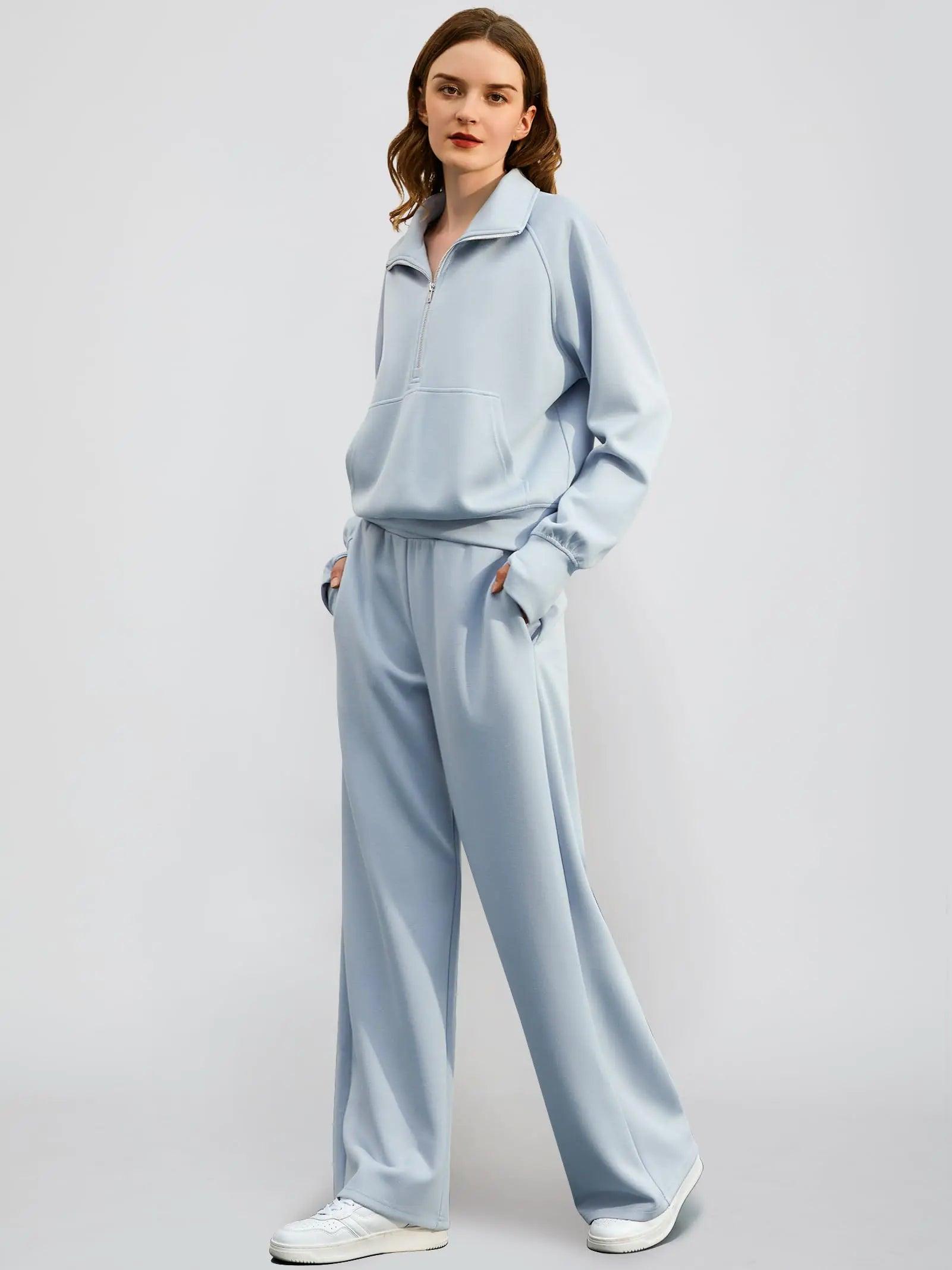 Women's 2 Piece Outfits Lounge Set 2024 Oversized Half Zip Sweatshirt Wide Leg Sweatpant Set Sweatsuit Tracksuit X-Small Light Blue - Evallys.com # #