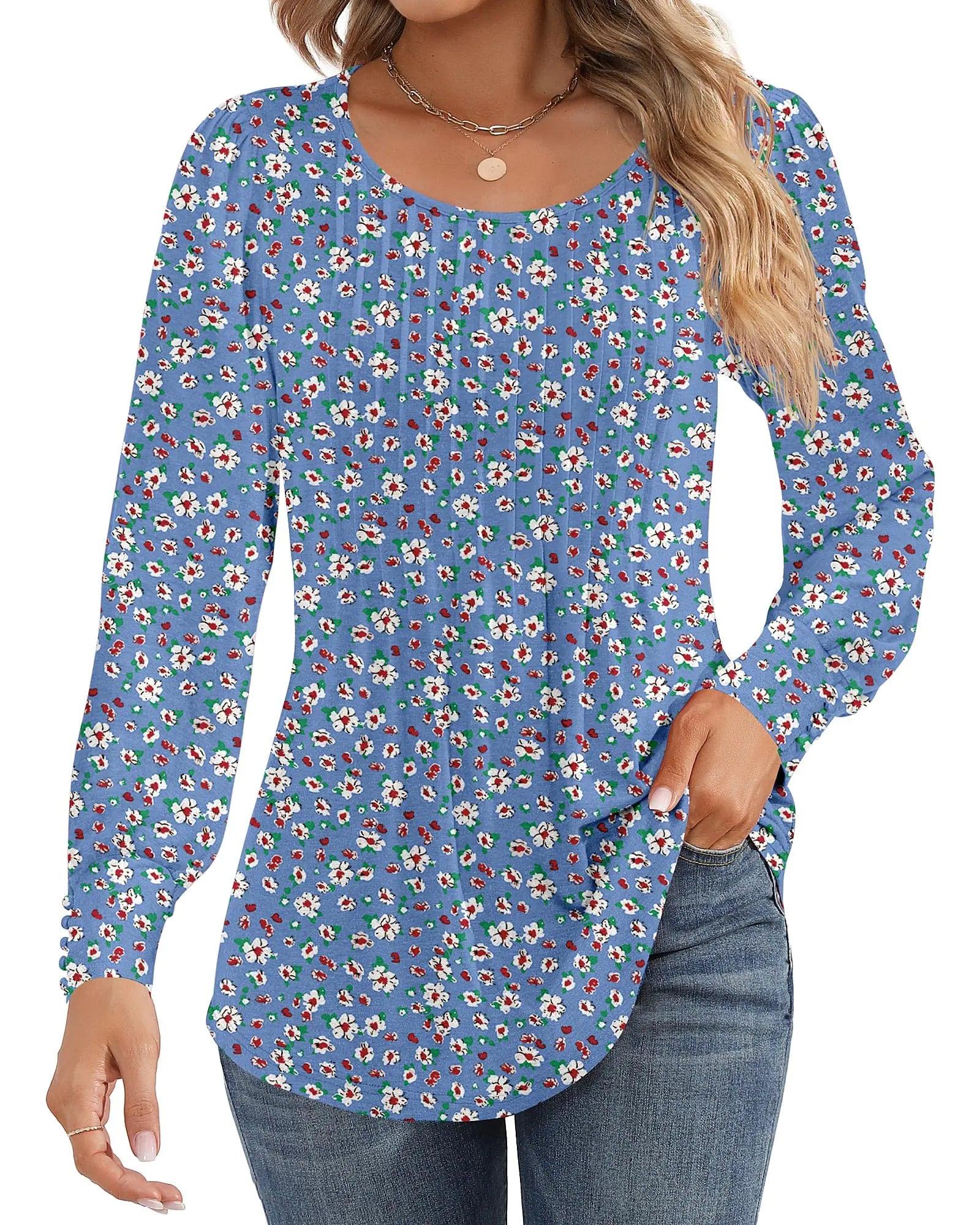 Ficerd Women's Puff Long Sleeve Tunic Tops Pleated Crew Neck Blouses Dressy Casual Loose Fit Fall and Winter Shirts Pink Floral Large - Evallys.com
