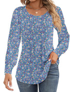 Ficerd Women's Puff Long Sleeve Tunic Tops Pleated Crew Neck Blouses Dressy Casual Loose Fit Fall and Winter Shirts Pink Floral Large - Evallys.com