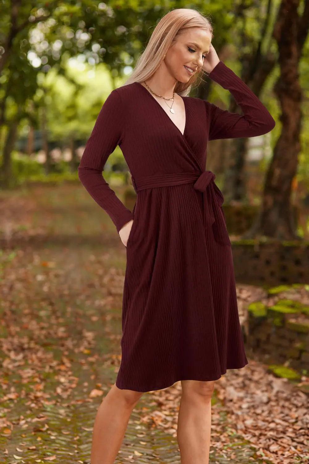 Newshows Womens 2024 Fall Sweater Dress Long Sleeve Business Casual Outfits V Neck Ribbed Knit Belt Trendy with Pockets Wine Red Large - Evallys.com # #