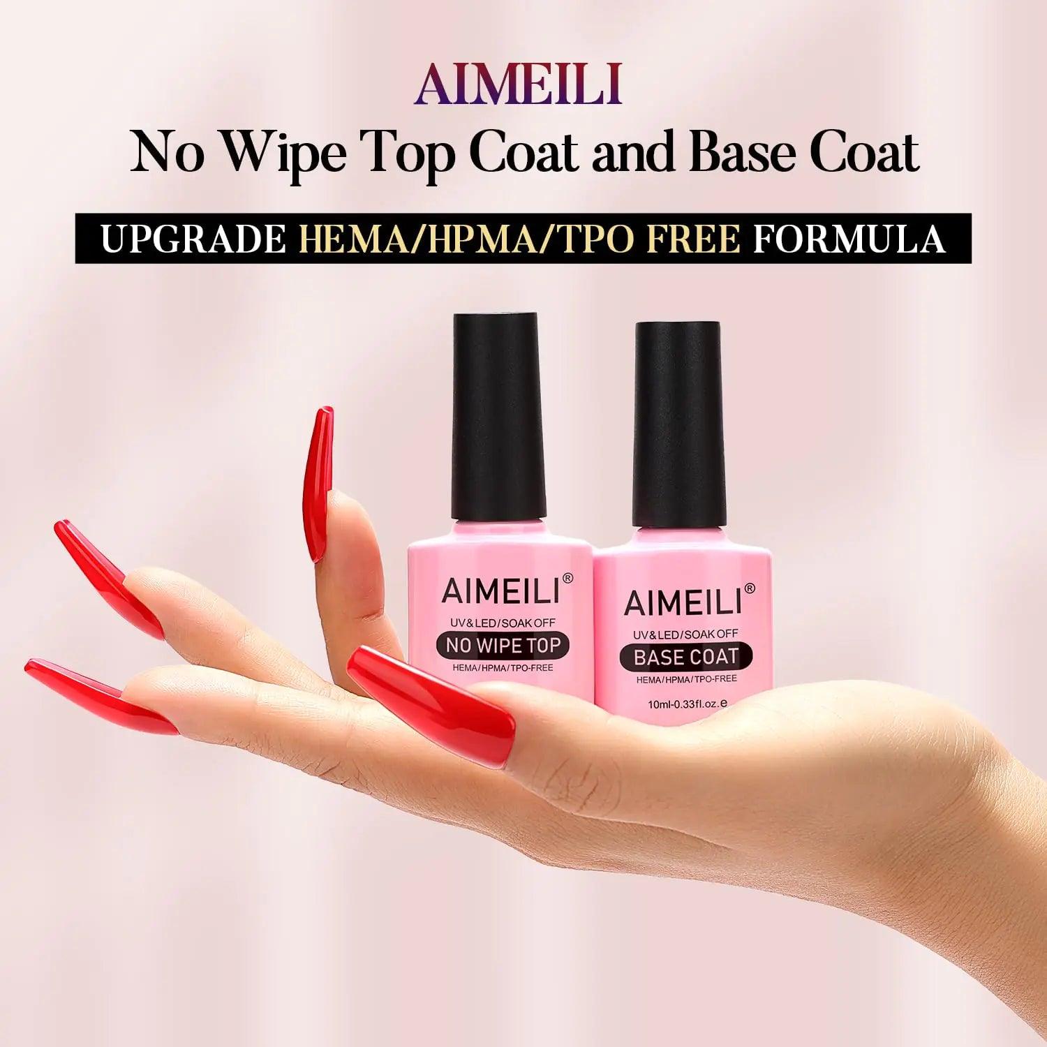 AIMEILI Gel Nail Polish No Wipe Top and Base Coat Set, Shine Finish and Long Lasting, Soak Off Gel Nail Lacquer - 2 x 10ml - Evallys.com # #