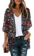 Women's Floral Print Puff Sleeve Kimono Cardigan Loose Cover Up Casual Blouse Tops Small Orange Black - Evallys.com