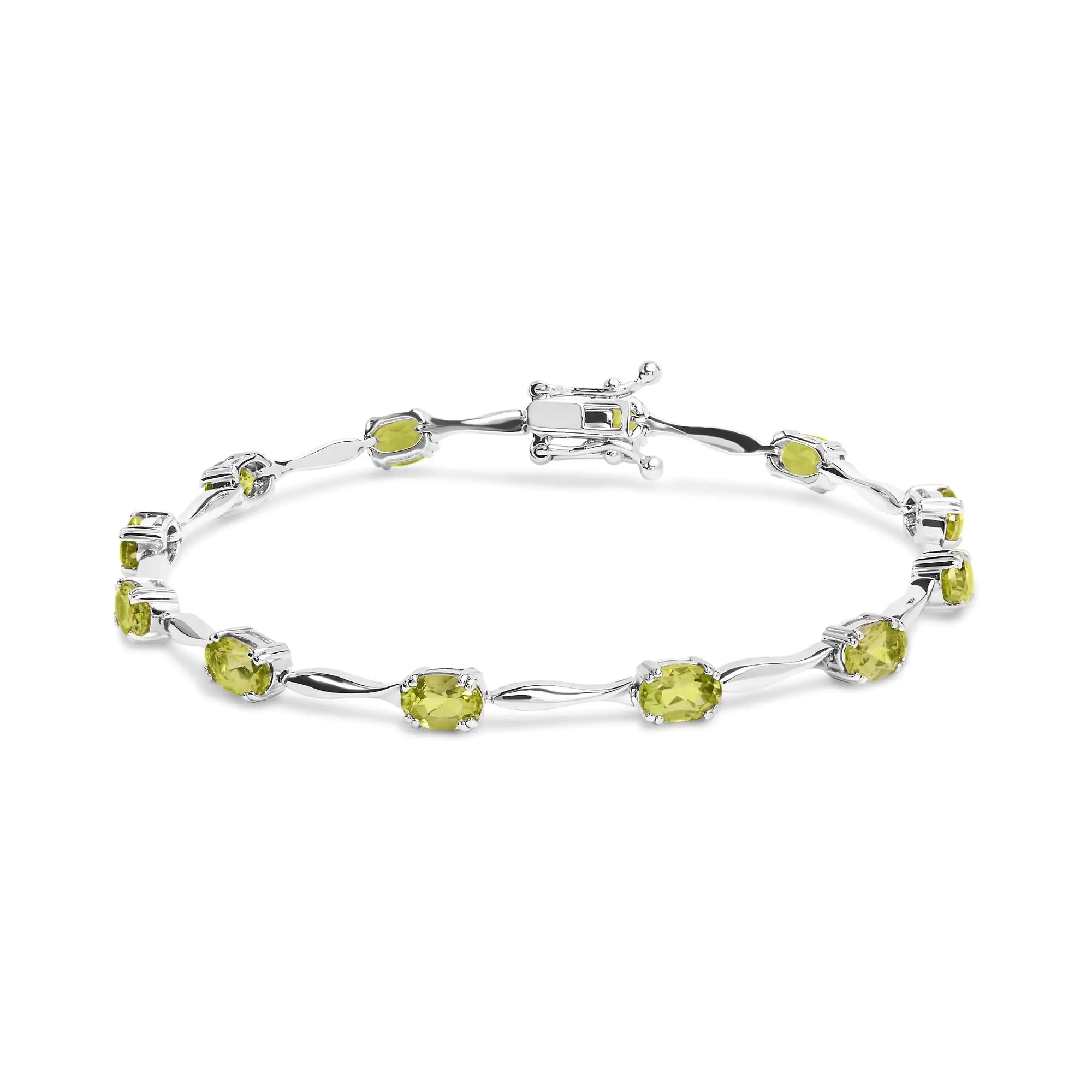 .925 Sterling Silver 5 1/2 Cttw Oval Shaped Created Green Peridot Link Bracelet  - 7" Inches - Evallys.com # #