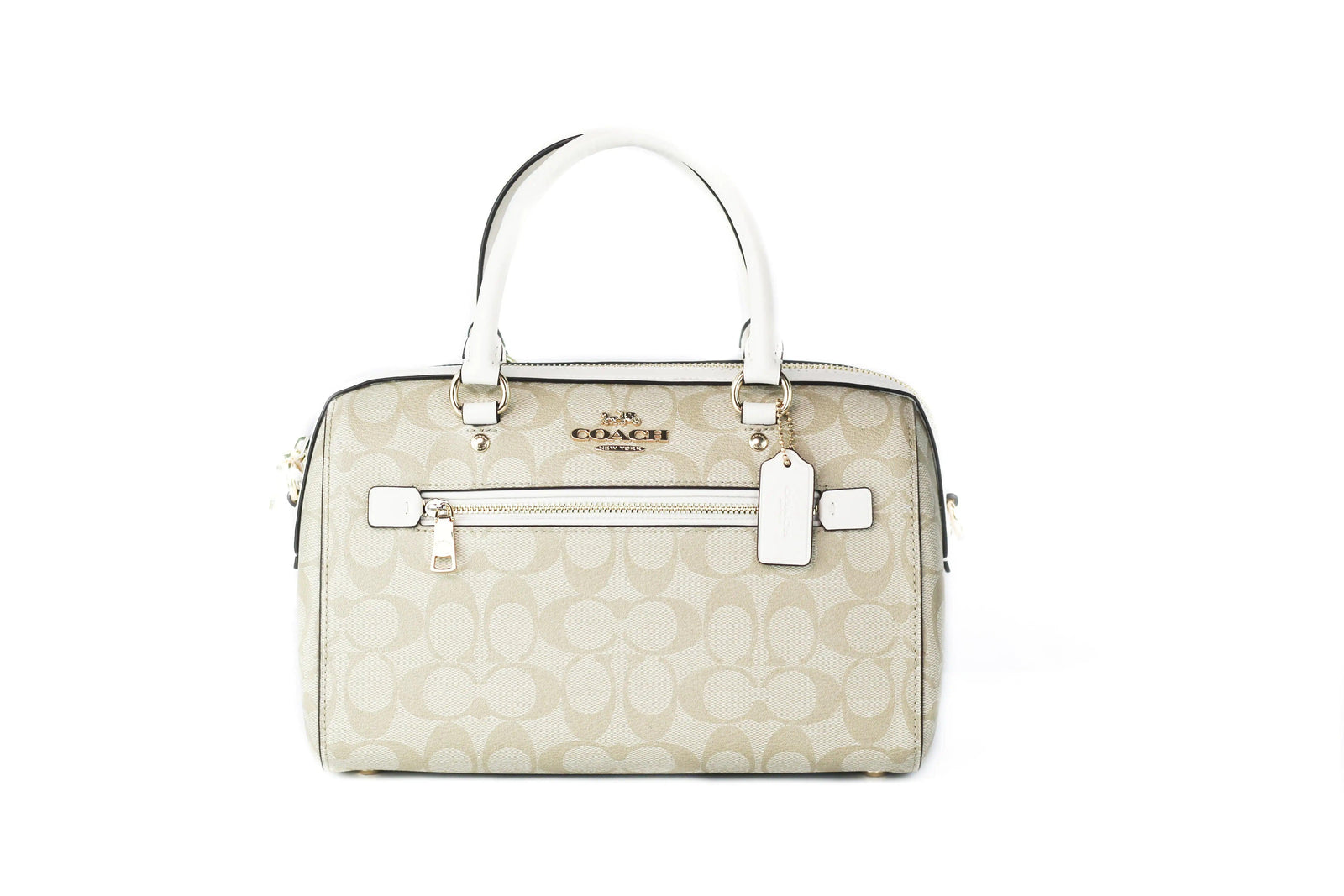 Coach (F83607) Rowan Signature Leather Light Khaki Chalk Medium Satchel Handbag Purse - Evallys.com # #