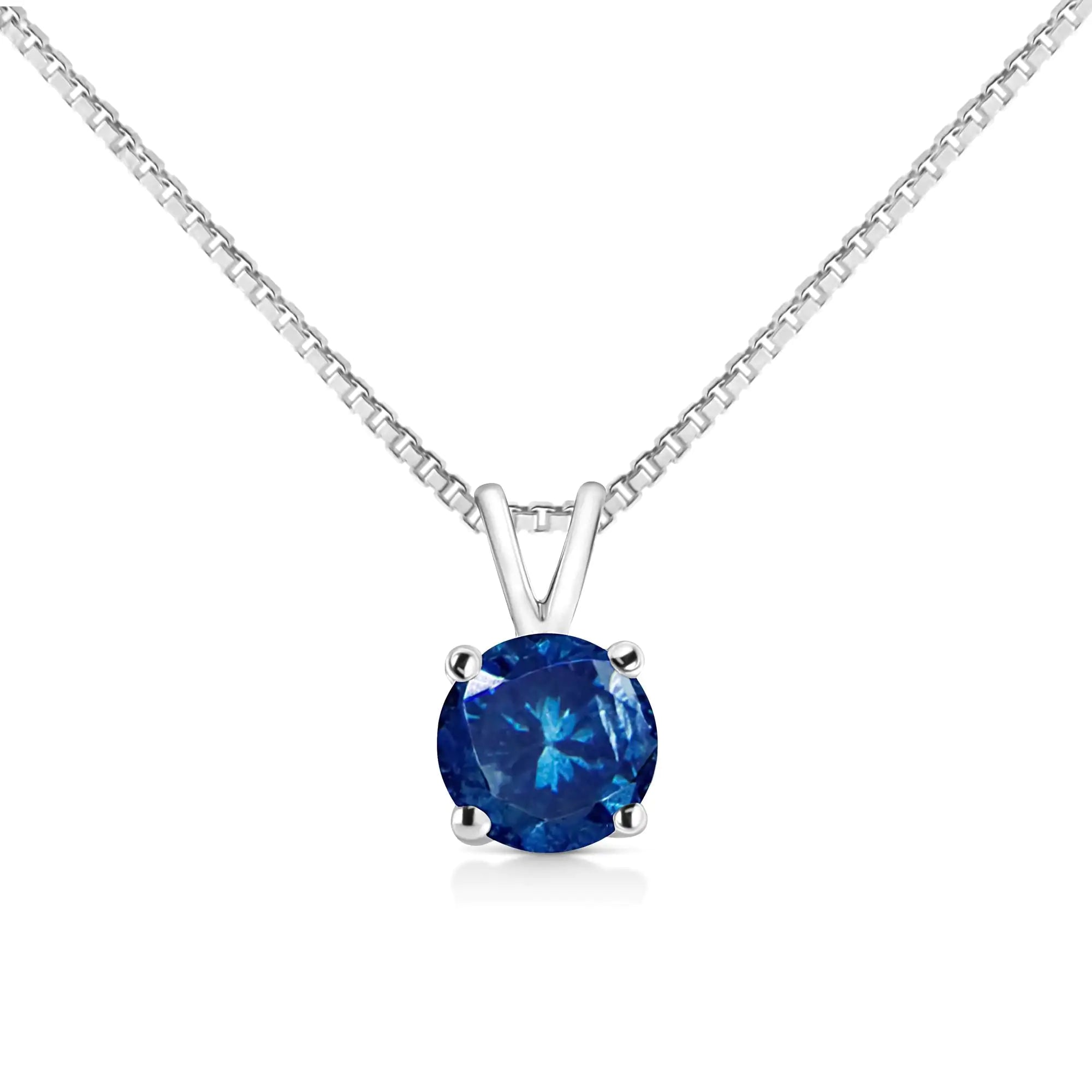 10K White Gold Round Brilliant Cut Lab Grown Blue Diamond 4-Prong Solitaire Pendant Necklace (Blue Color, VS2-SI1 Clarity) - 18" - Evallys.com # #