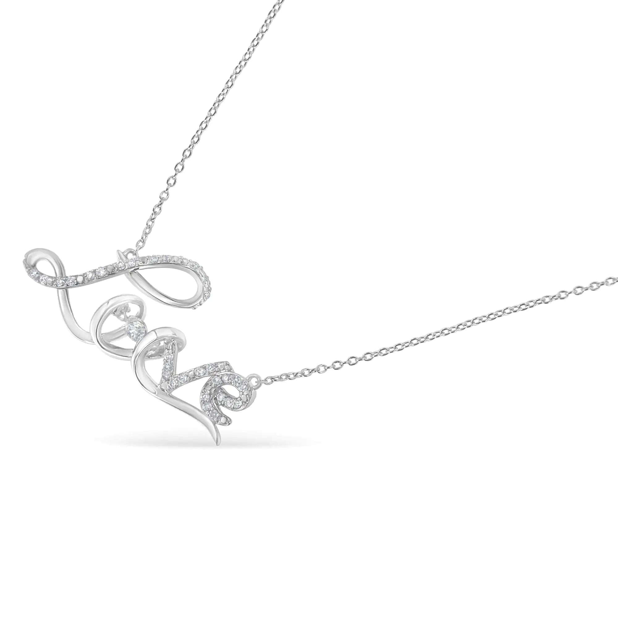 .925 Sterling Silver 1/4 Cttw Diamond Cursive "Love" 18" Pendant Necklace (H-I Color, I1-I2 Clarity) - Evallys.com # #