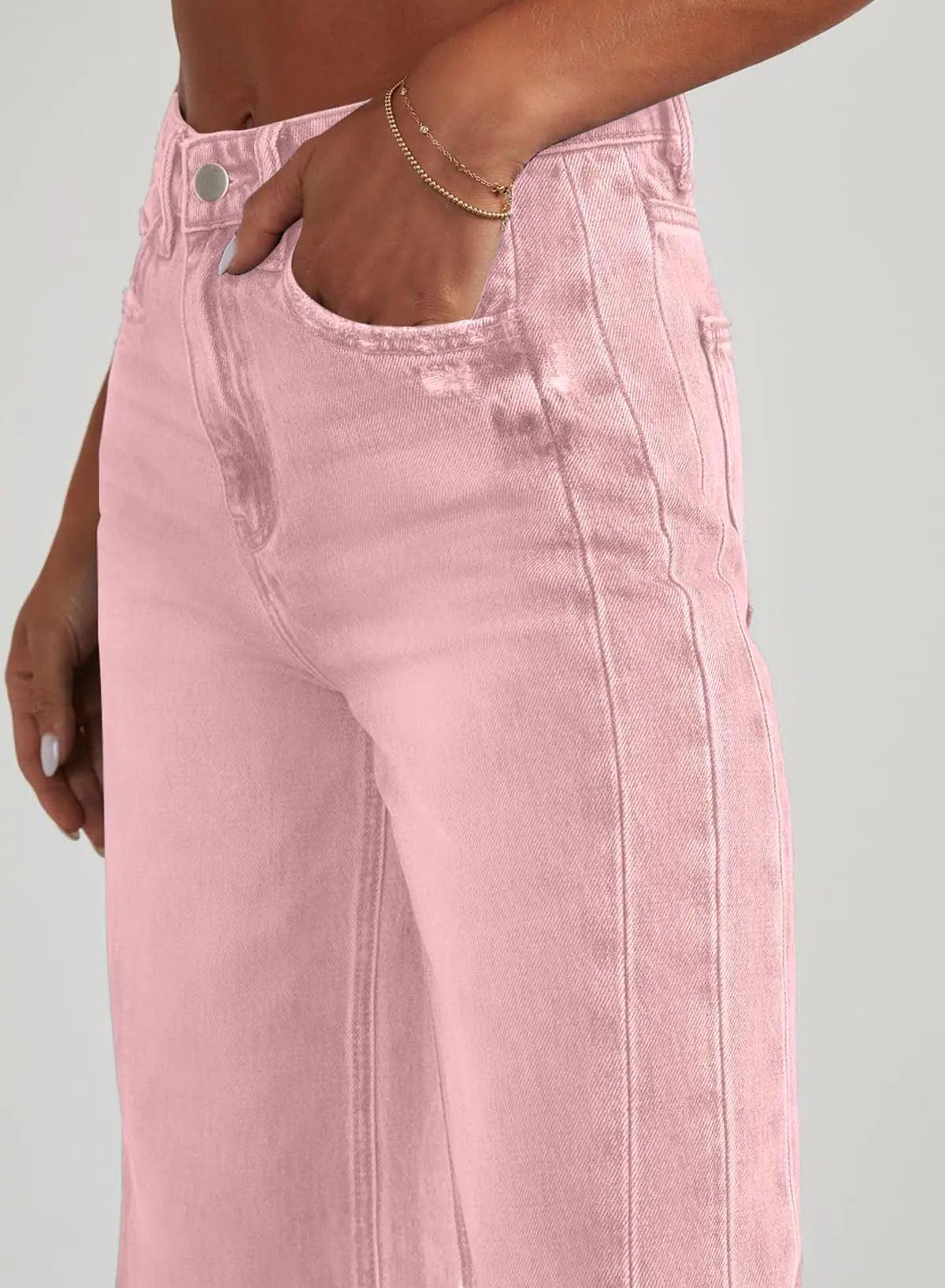 Sidefeel Women's Wide Leg Jeans High Waisted Strechy Raw Hem Denim Pants 18 Pink - Evallys.com # #