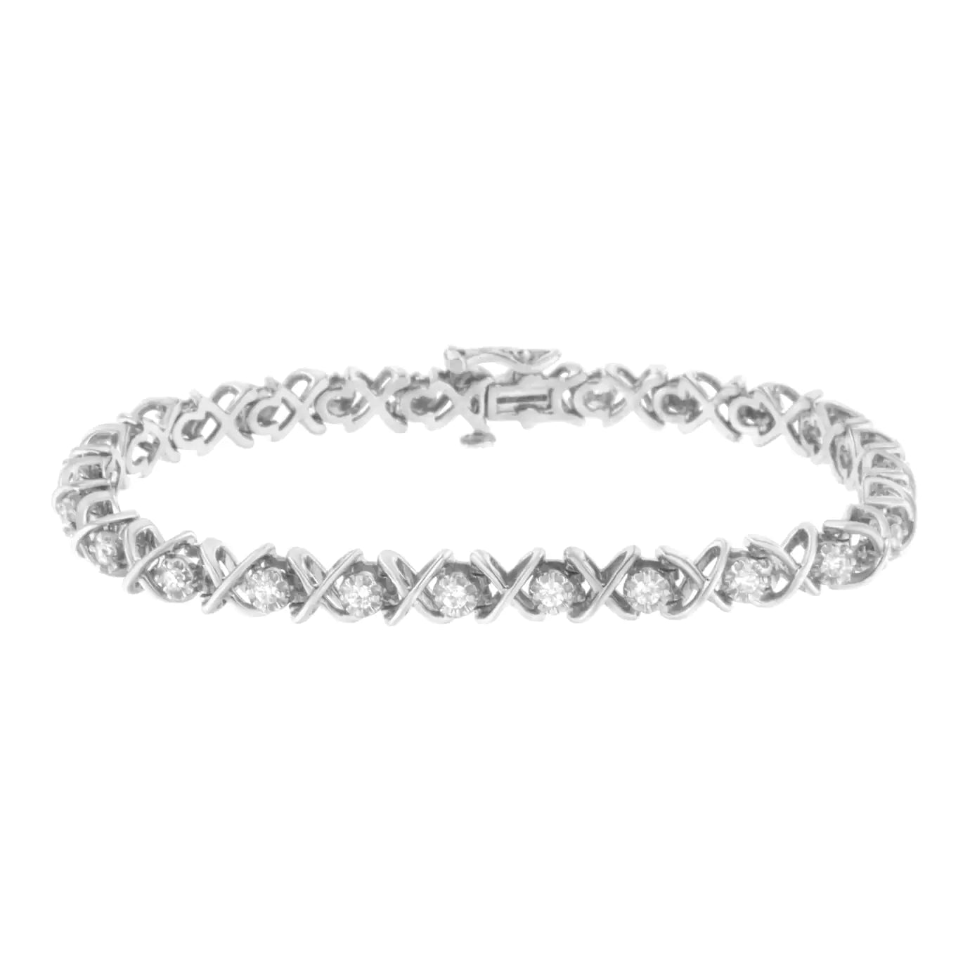 .925 Sterling Silver 1 cttw Brilliant Round-Cut Diamond "X" Link Bracelet (I-J Clarity, I2-I3 Color) - Size 7" - Evallys.com # #