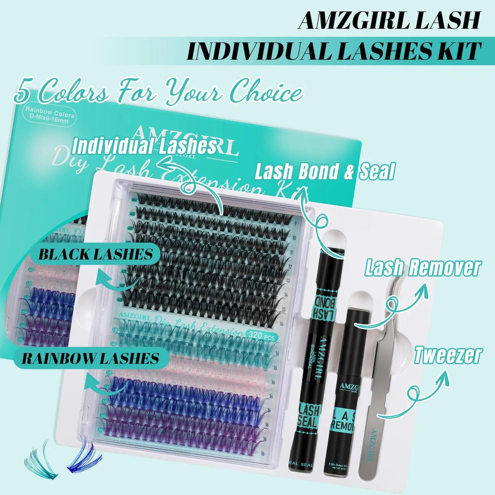 Lash Extension Kit 320Pcs,DIY Individual Lashes Clusters Kit,Lash Bond And Seal,Lash Remover For Colorful Eyelashes Extensions,Lash Applicator Tools For False Eyelash Cluster Kit(40D,D-Mix9-16mm Kit) 320pcs Kit|Colorful - Evallys.com # #