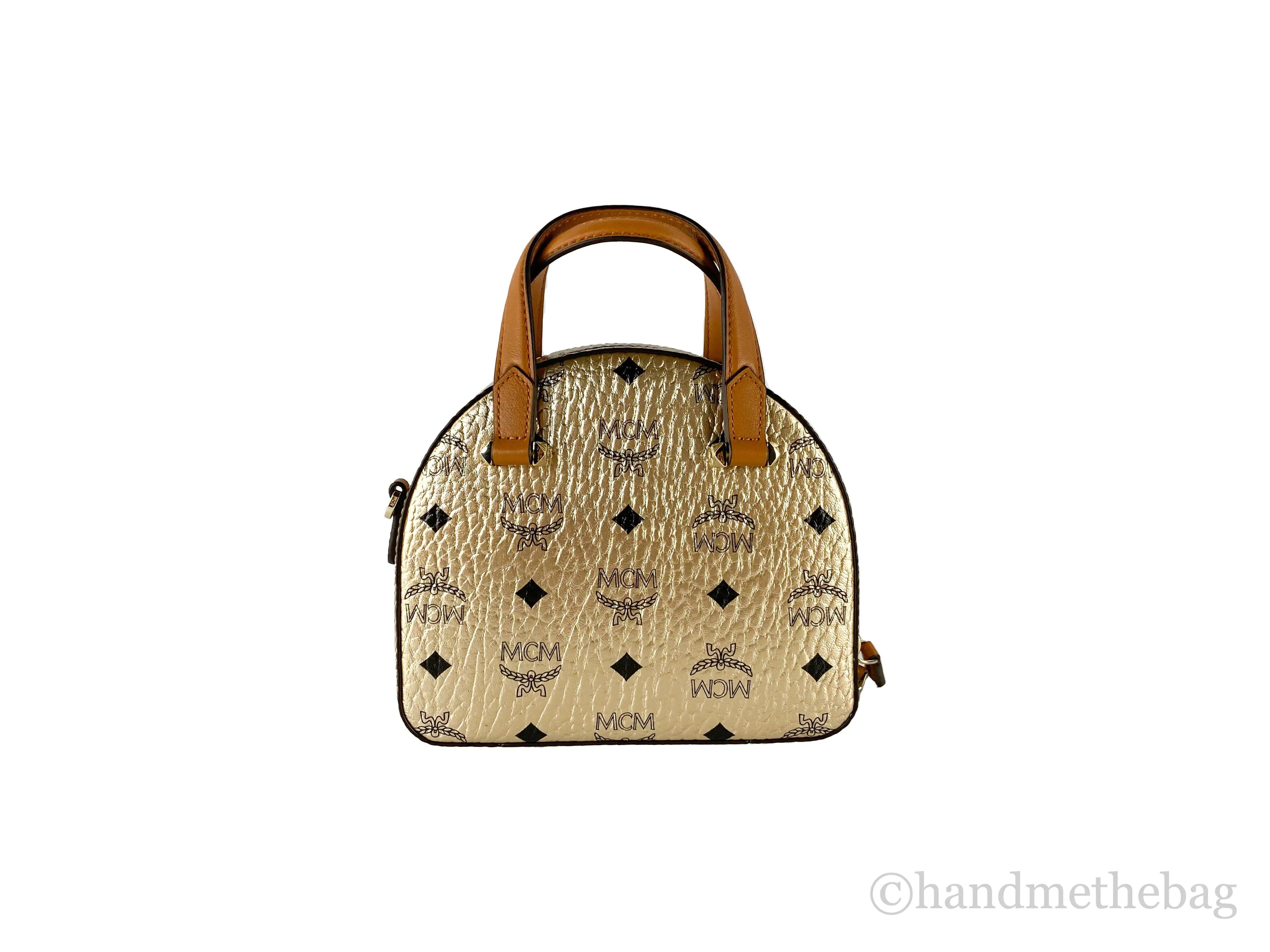 MCM Berlin Gold Leather Mini Round Top Tote Crossbody - Evallys.com # #