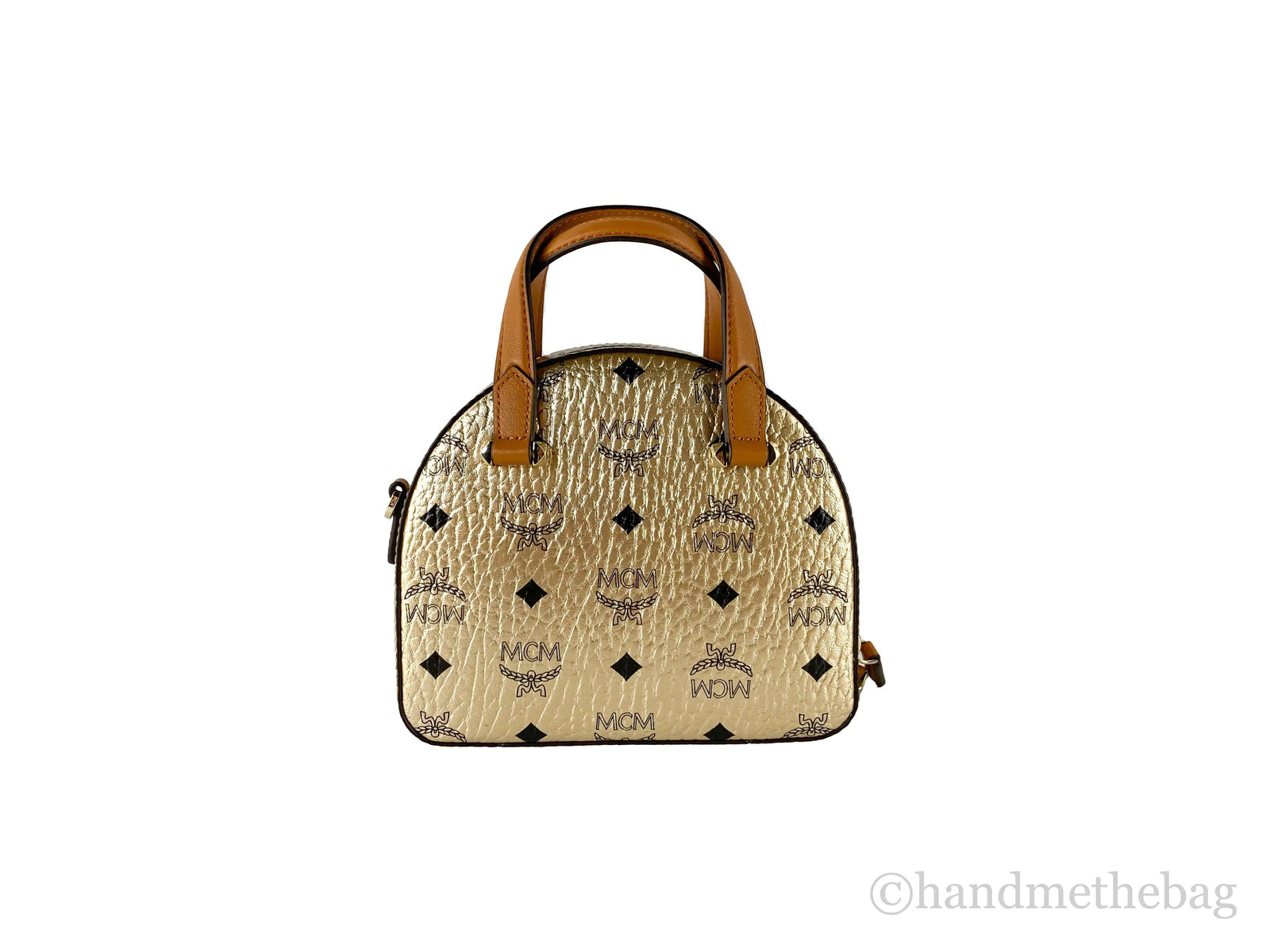 MCM Berlin Gold Leather Mini Round Top Tote Crossbody - Evallys.com # #