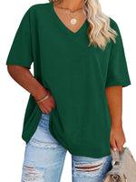 Women's Plus Size V Neck T Shirts Summer Half Sleeve Tees Casual Loose Fit Cotton Tunic Tops XX-Large Plus Khaki - Evallys.com