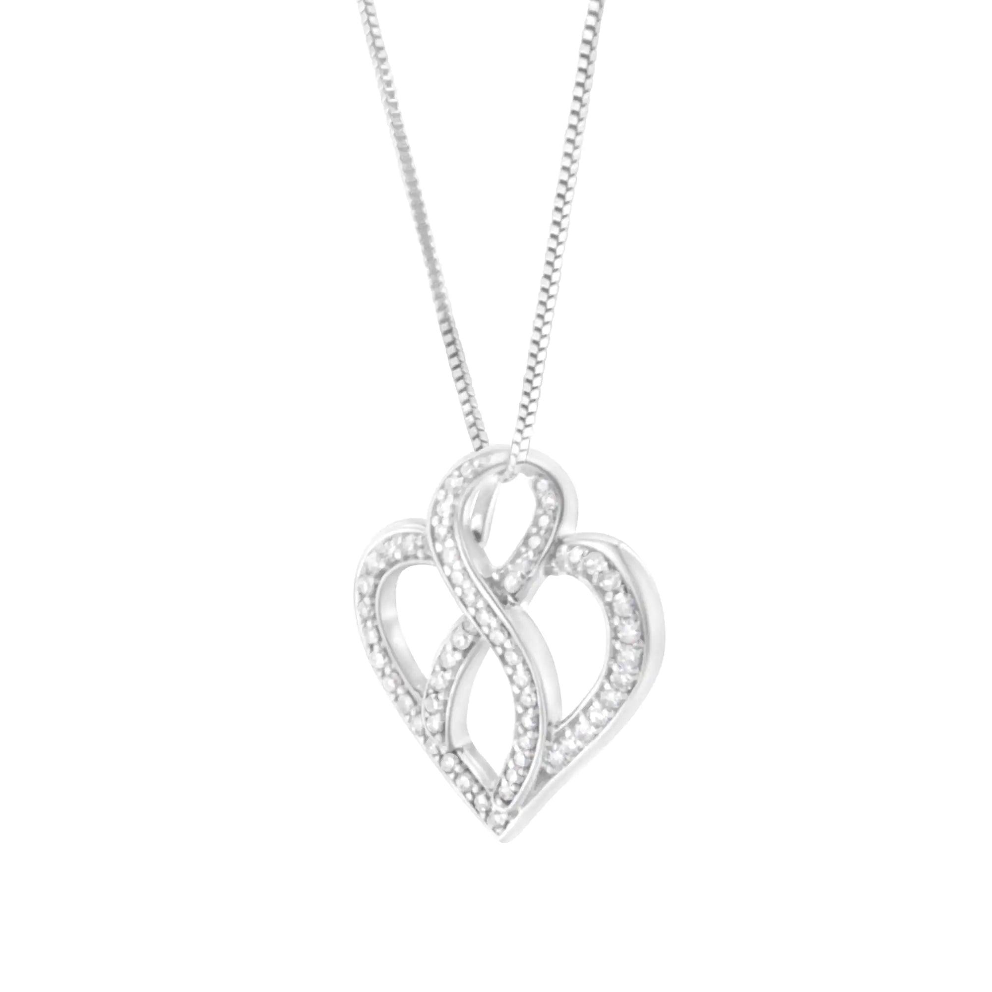 14K White Gold 1/4 cttw Round Cut Diamond Heart and Ribbon Center Pendant Necklace (H-I, I1-I2) - Evallys.com # #