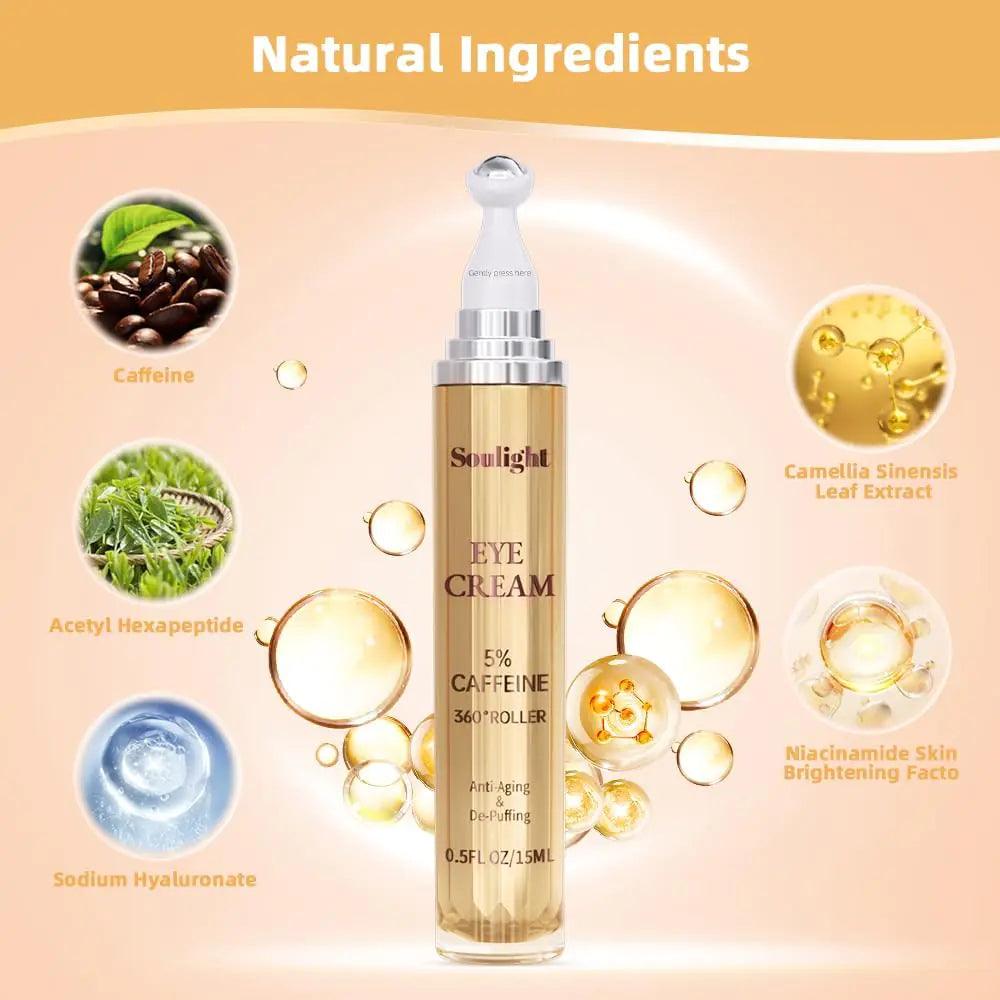 5% Caffeine Eye Serum Anti Aging, Eye Cream Reduce Dark Circles, Puffiness, Fine Lines, Wrinkles, Hyaluronic Acid Niacinamide Eye Moisturizer with 360° Massage Ball, Eye Balm for Men& Women - Evallys.com # #