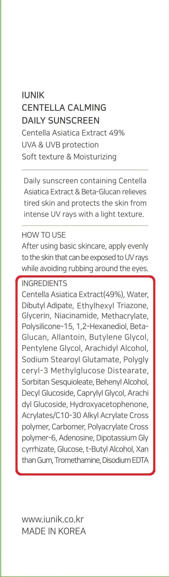 IUNIK Centella Calming Moisture Daily Sunscreen SPF 50+ PA++++ Matte & No White Cast Centella Asiatica Dry Oily Sensitive Vegan Korean Skincare - Evallys.com # #