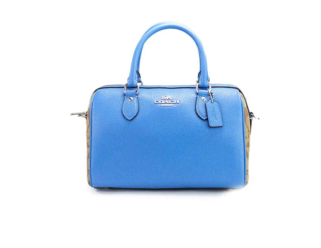 Coach Rowan Mixed Racer Blue Canvas Leather Colorblock Satchel - Evallys.com # #