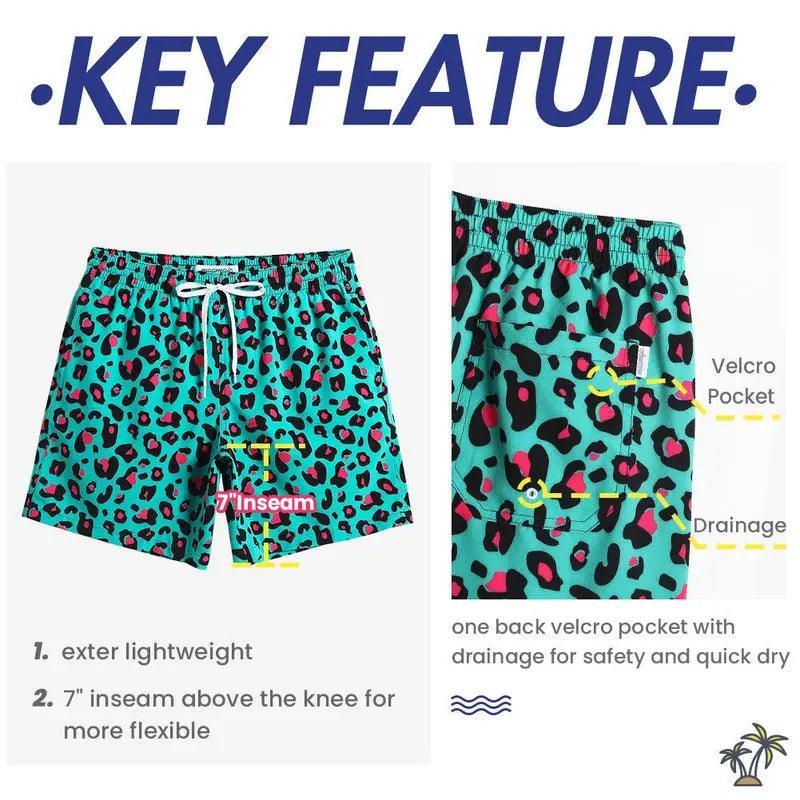 7 Inch Inseam Stretch Green Leopard Swim Trunks - Evallys.com # #