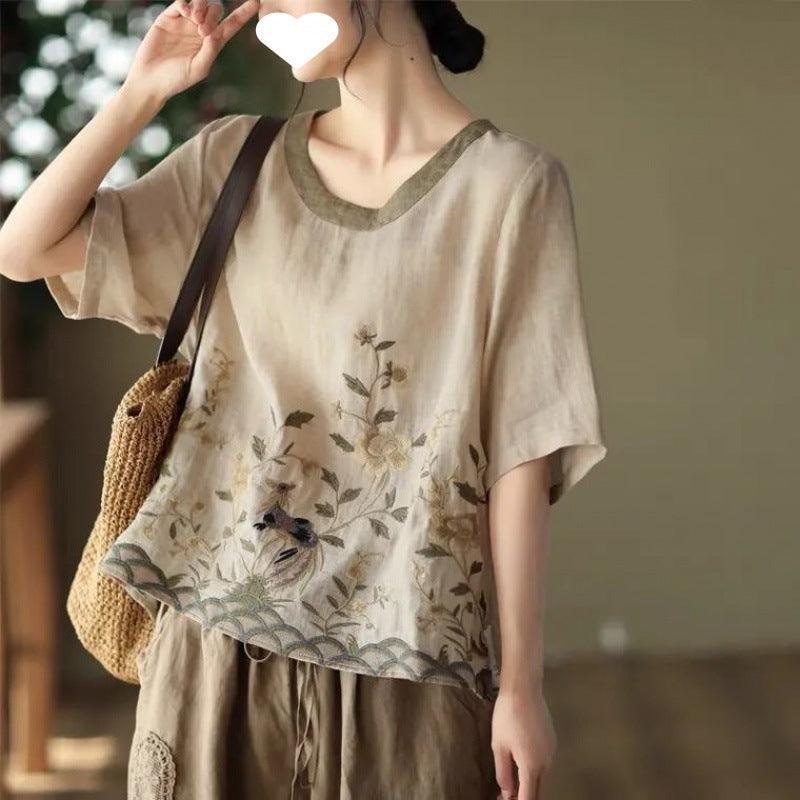 Art Retro Embroidery Top Colored Round Neck Pullover - Evallys.com # #