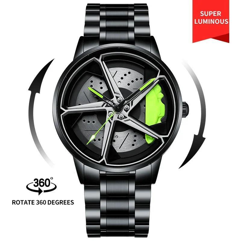 Sports Car Wheel Hub Men Watch Waterproof Rotate Watches Rim Watch Spinning Men'S Sports 360° Rotate Wheel Watches for Men Clock - Evallys.com # #