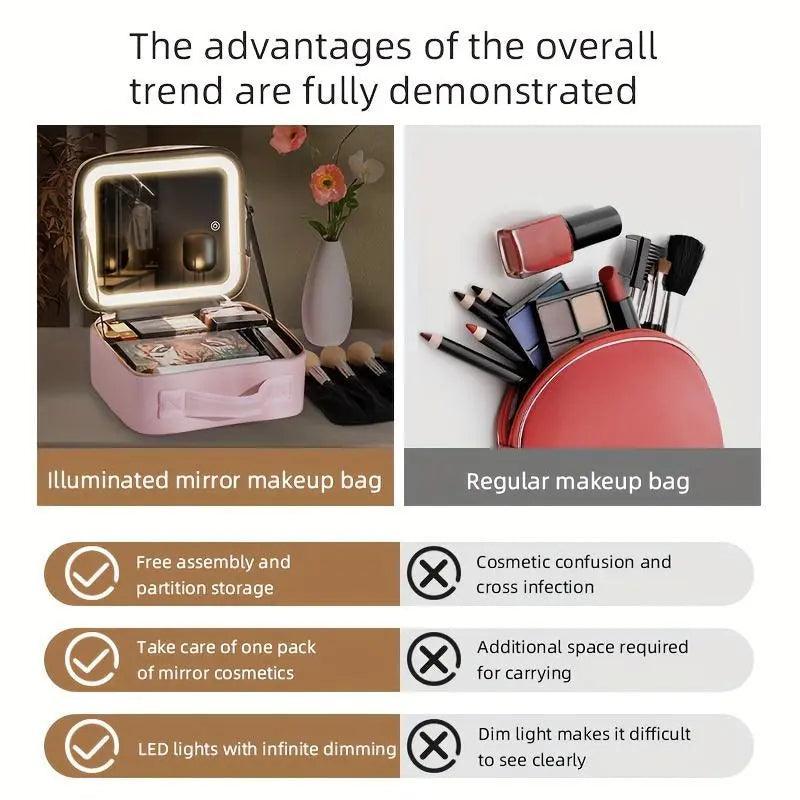 Travel Makeup Bag with USB Rechargeable Mirror & LED Light, 1 Set Summer Portable Cosmetic Bag with Adjustable Partition, Jewelry Organizer, Summer Essentials, Travel Essentials - Evallys.com # #