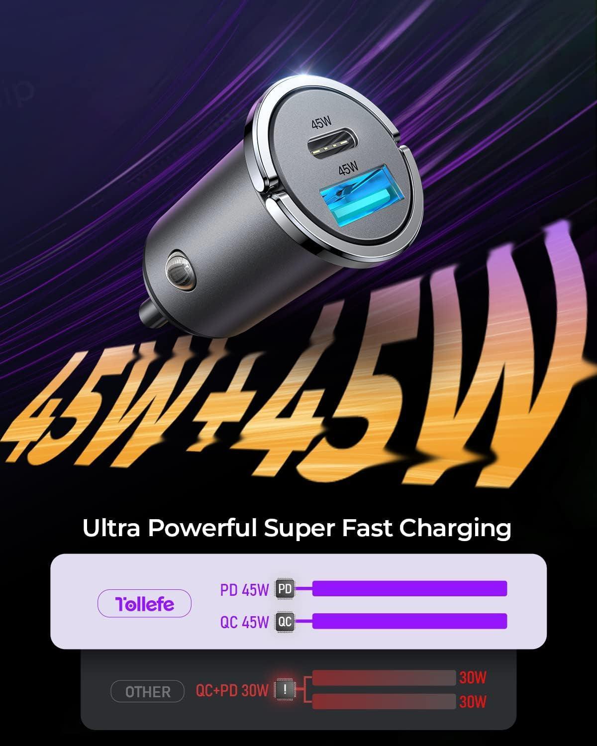 Dual USB C Car Charger Adapter, TOLLEFE 90W Super Fast Type C Car Charger [All Metal], Smallest Cigarette Lighter USB Charger Car Fast Charing for Iphone 15/14/13 Pro Max, Samsung S24/23/22, Ipad Pro - Evallys.com # #