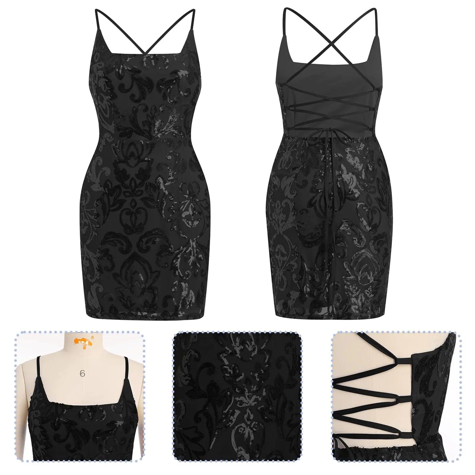ODIZLI Women's Spaghetti Straps Sparkly Sequins Bodycon Mini Dress Party Nightclub Small Black - Evallys.com # #