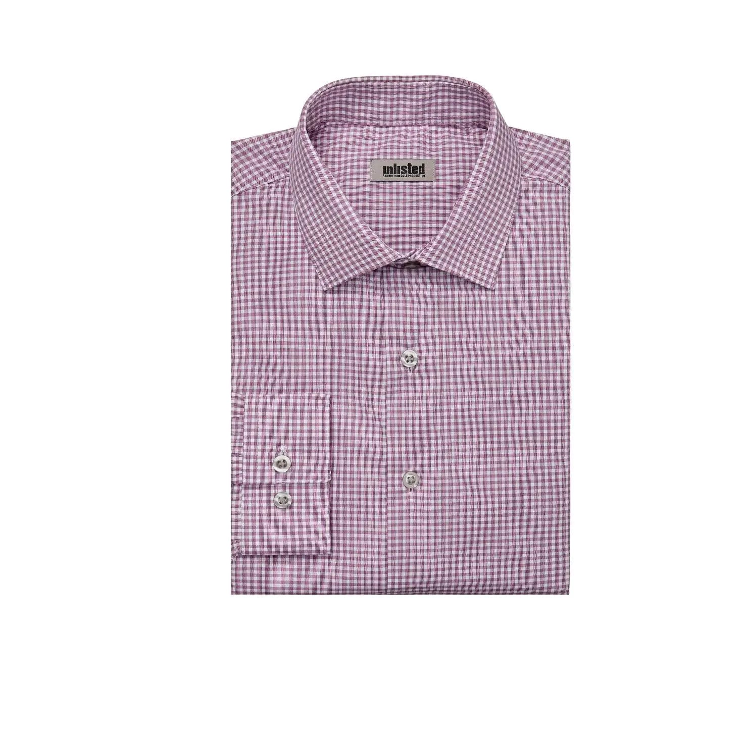 Kenneth Cole Unlisted Men's Dress Shirt Slim Fit Checks and Stripes (Patterned) 15"-15.5" Neck 32"-33" Sleeve Raspberry - Evallys.com # #