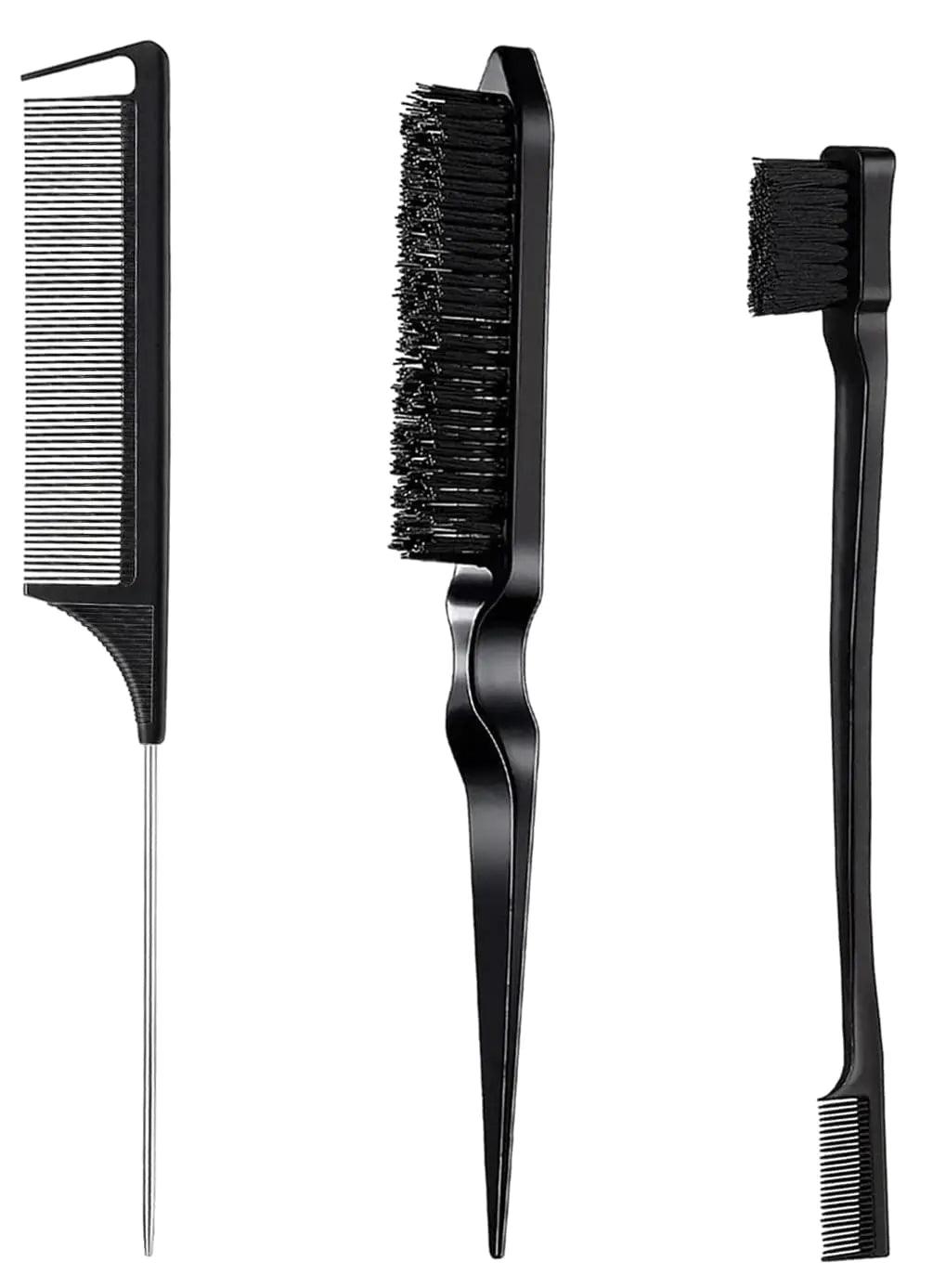 Hair Styling Brush Set - Slick Back Comb, Edge Control Brush, Rat Tail Comb for Smooth Styling, Frizz Taming, and Parting (3 Pieces) 3 Pieces (Black) - Evallys.com # #