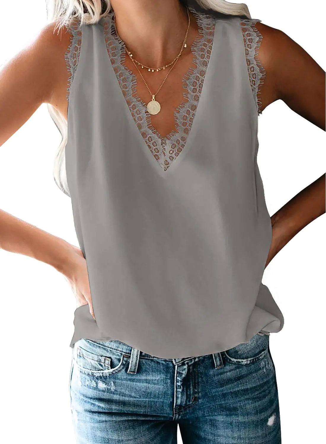 BLENCOT Women Lace Trim Tank Tops V Neck Fashion Casual Sleeveless Blouse Vest Shirts X-Large Gray - Evallys.com # #