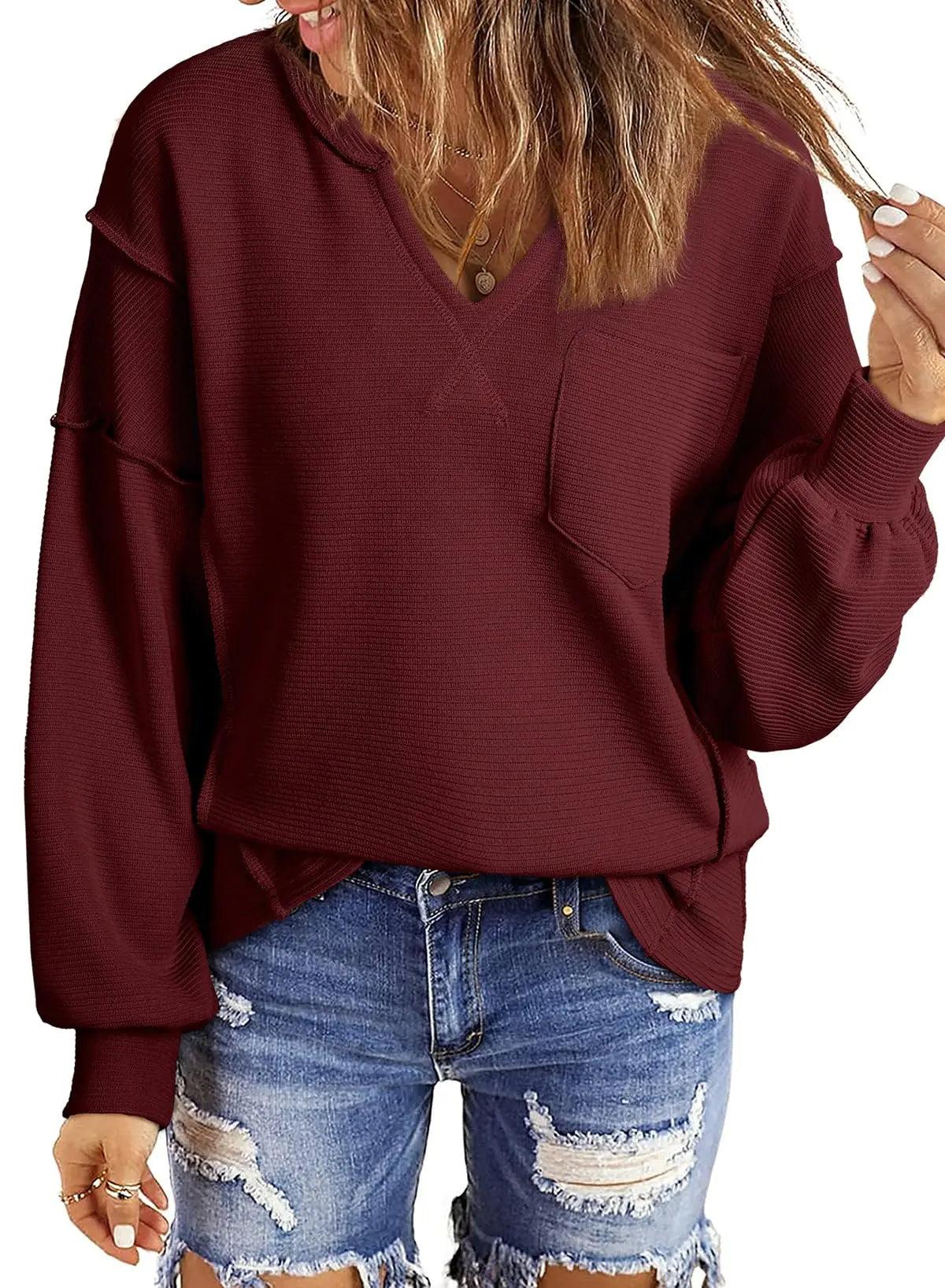 BLENCOT Womens Casual Sweatshirts Crew Neck Long Sleeve 2024 Fashion Waffle Knitted Blouse Pullover Tops with Pocket XX-Large A6016 Kahki - Evallys.com