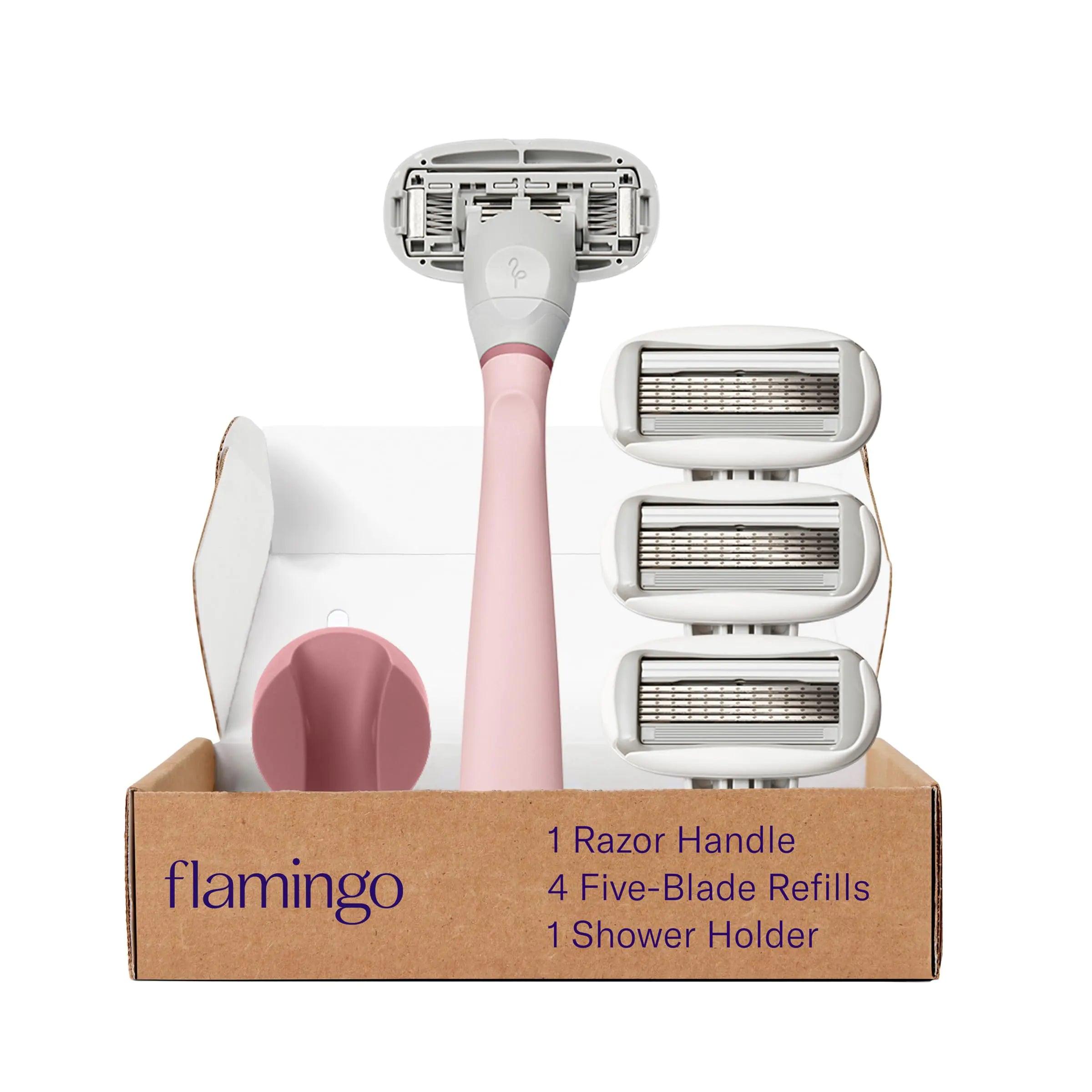 Flamingo 5-Blade Razors for Women - 1 Razor Handle + 4 5-Blade Refills + 1 Shower Holder - Rose - Evallys.com # #